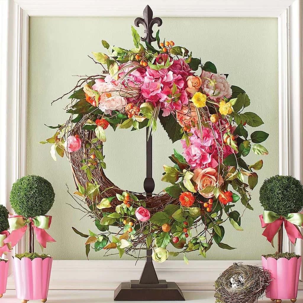 Spring Wreaths 桌布 壁紙 — 一個茂盛的花環，有粉紅色的繡球花、玫瑰和漿果，放在一個支架上，兩側是帶有修剪植物和鳥巢的粉紅色花盆。