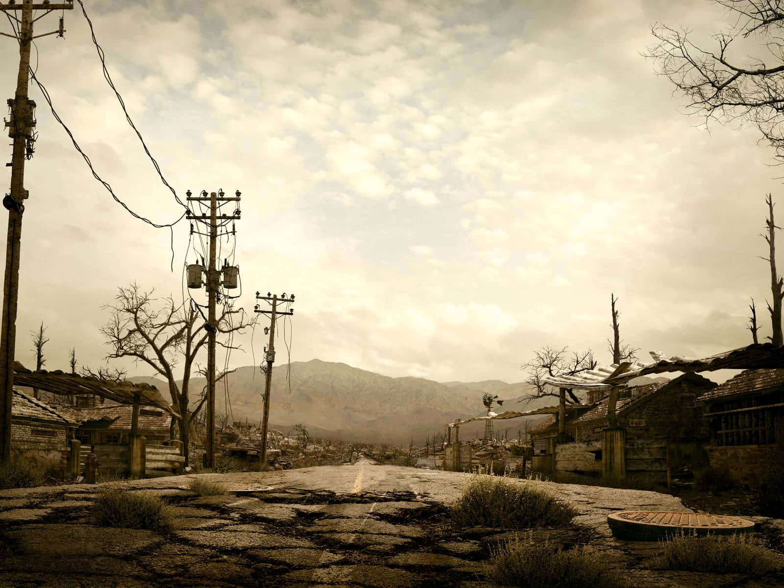 Fallout 4 Wasteland 桌布 壁紙 — 一個荒涼的廢棄村莊，有搖搖欲墜的房屋和斷裂的電線，天空多雲。