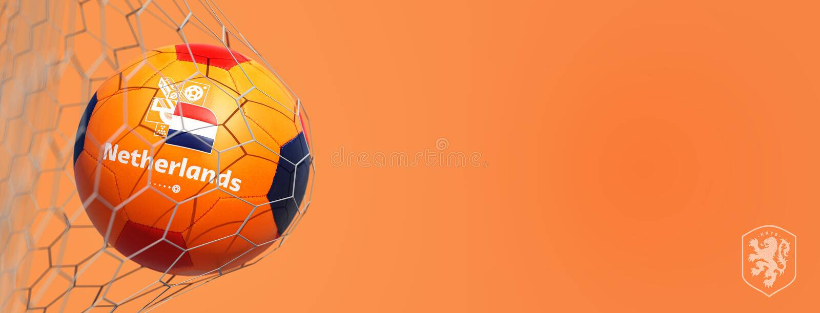 Cool Football 桌布 壁紙 — 一個荷蘭足球卡在網中，背景為純橙色，並有獅子徽章。