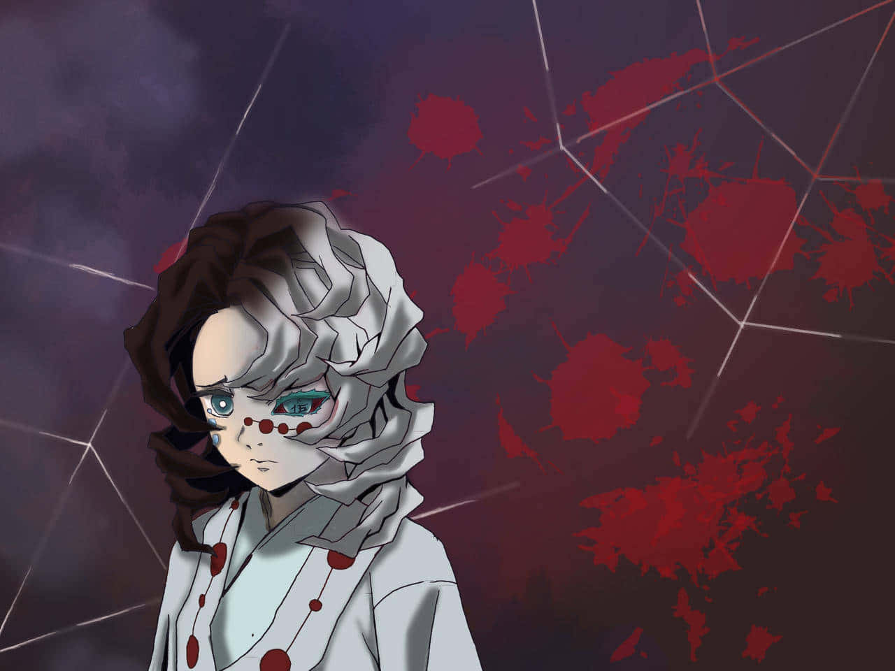 Demon Slayer Half-demon 桌布 壁紙 — 一個莊嚴的動漫女孩，戴著皺巴巴的紙面具，在黑暗的幾何背景上有紅色飛濺。