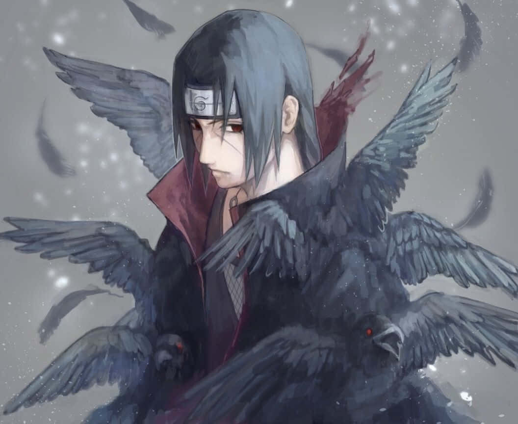 Genjutsu 桌布 壁紙 — 一個莊嚴的動漫角色，擁有黑色翅膀，烏鴉在雪花紛飛的灰色氛圍中環繞著他。