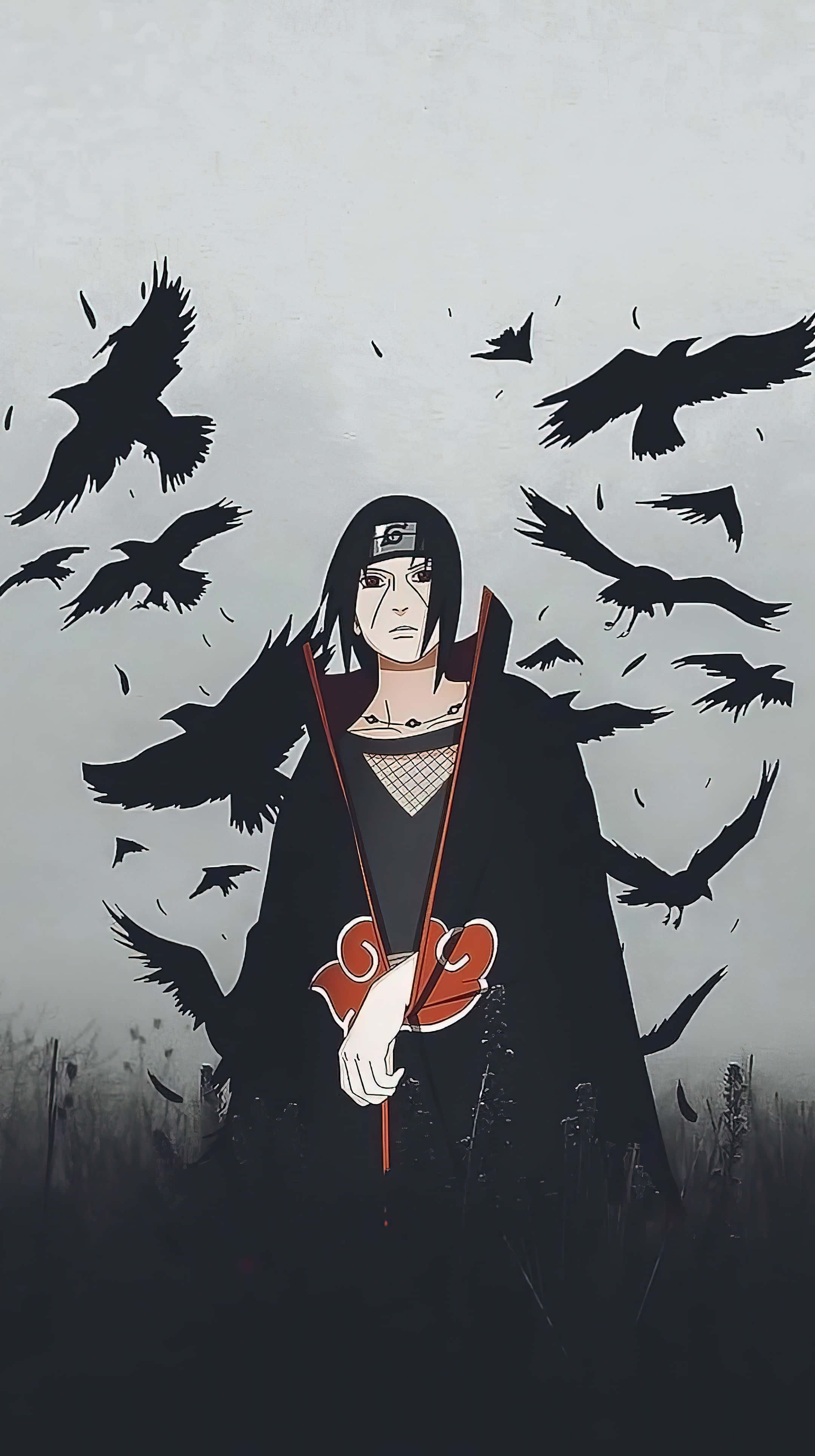 Genjutsu 桌布 壁紙 — 一個莊嚴的動漫角色，身穿帶有紅色雲紋的黑色斗篷，站在旋轉的烏鴉群中，背景是柔和的灰色天空。