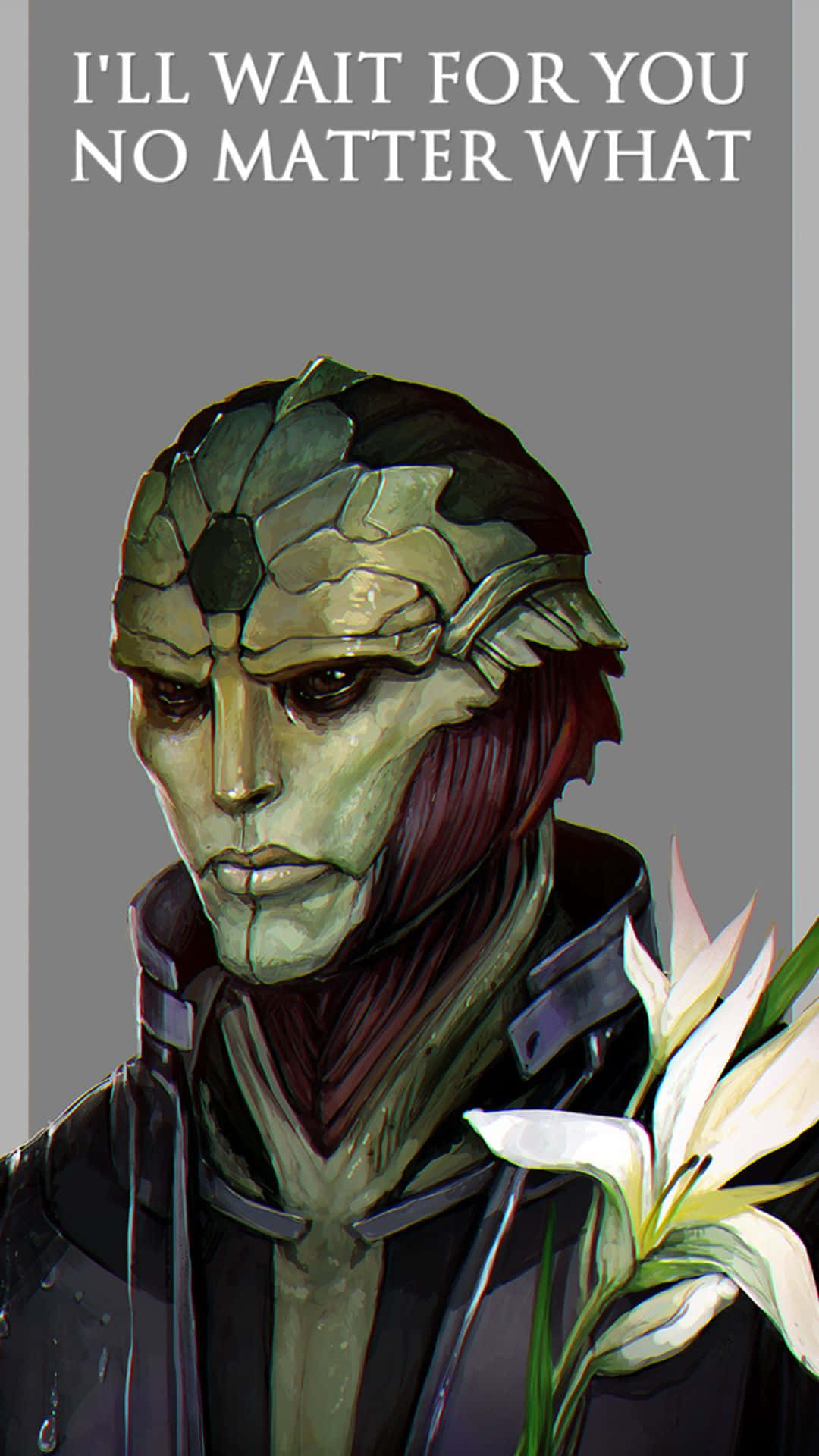 Thane Krios 桌布 壁紙 — 一個莊嚴的外星人，戴著葉狀頭飾，在灰色背景前拿著一朵白色百合花，上面寫著「無論如何我都會等你」。