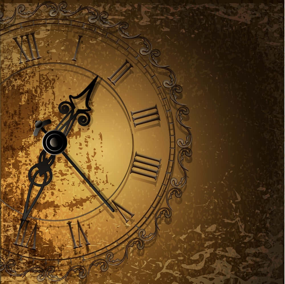 Clocks 桌布 壁紙 — 一個華麗的復古時鐘，帶有羅馬數字和裝飾性捲曲花紋，置於帶紋理的金棕色背景上。
