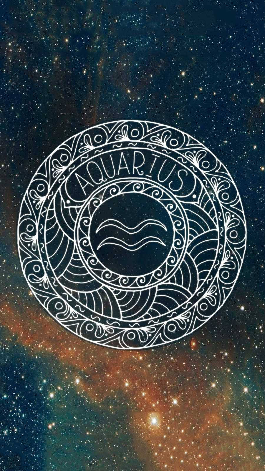 曼陀羅 桌布 壁紙 — 一個華麗的白色水瓶座星座符號漂浮在充滿星星的鮮豔宇宙星雲背景上。