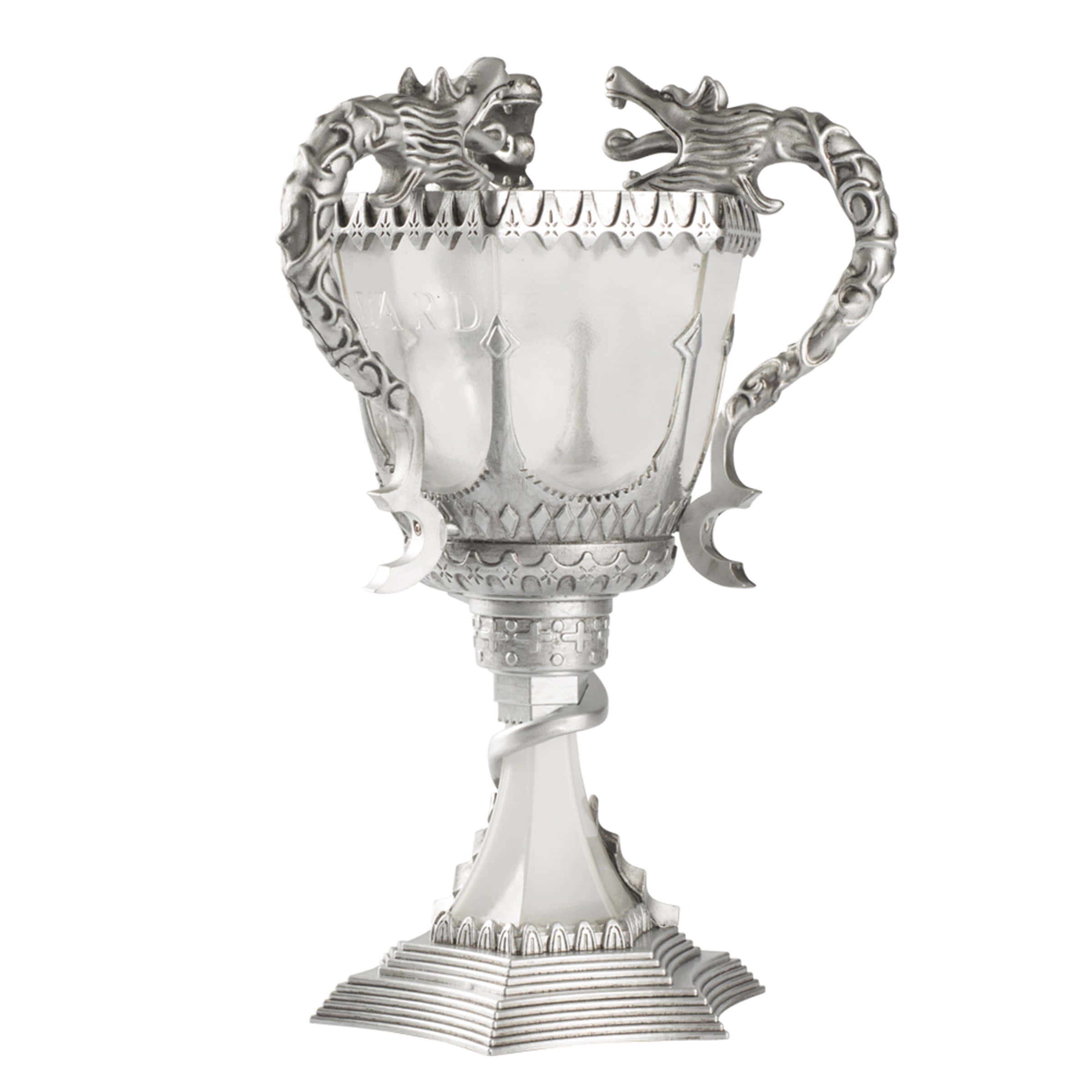 The Triwizard Cup 桌布 壁紙 — 一個華麗的銀獎盃，帶有龍頭手柄，底座和邊緣飾有精緻的壓花圖案。