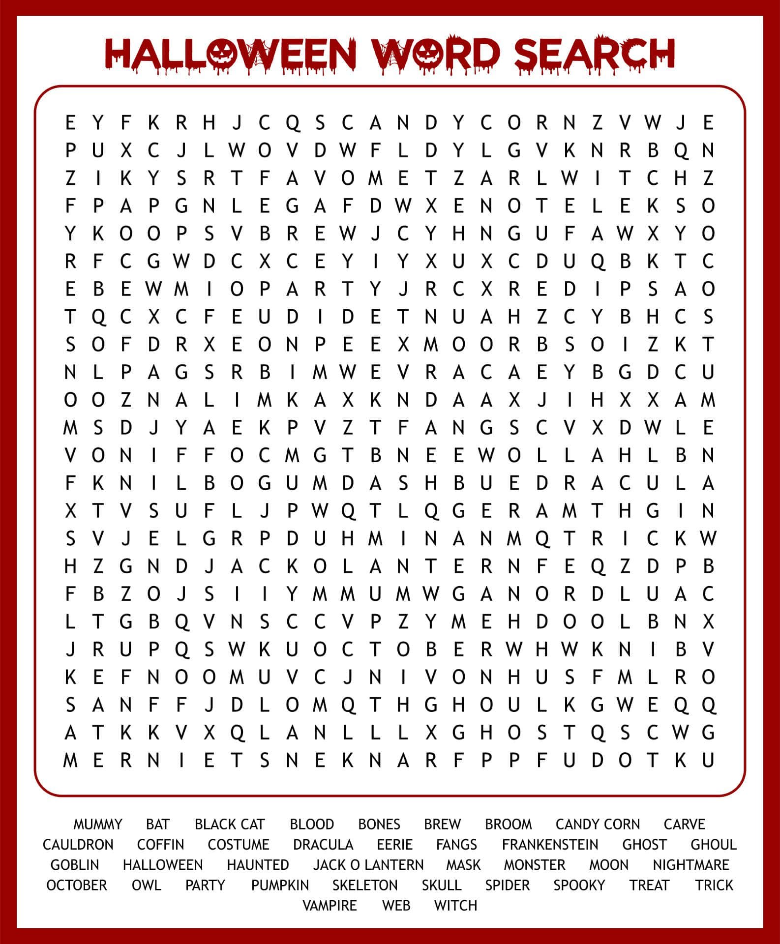 Halloween Puzzles 桌布 壁紙 — 一個萬聖節單詞搜索謎題，包含女巫和吸血鬼等恐怖詞彙，位於紅色邊框的網格中。