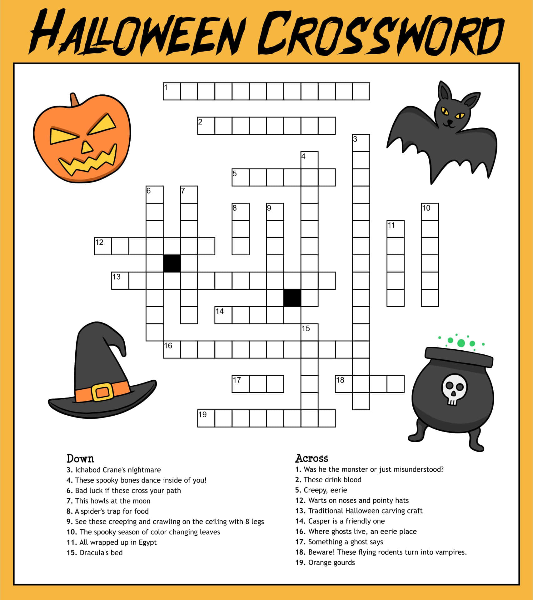 Halloween Puzzles 桌布 壁紙 — 一個萬聖節填字遊戲，包含南瓜燈、蝙蝠、女巫帽和大鍋等恐怖卡通圖標。