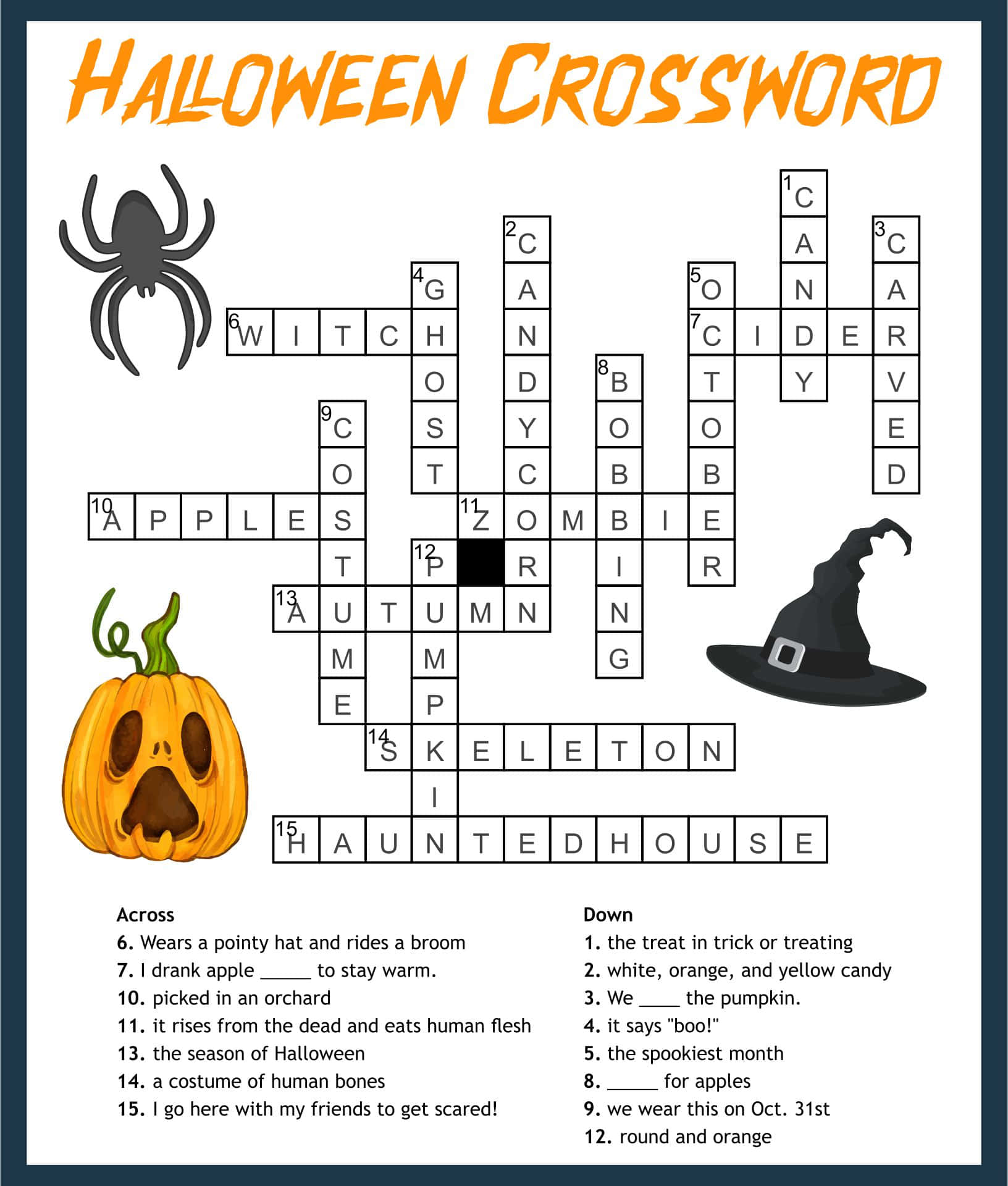 Halloween Puzzles 桌布 壁紙 — 一個萬聖節填字遊戲，配有蜘蛛、南瓜、女巫帽和骷髏單詞的恐怖插圖。