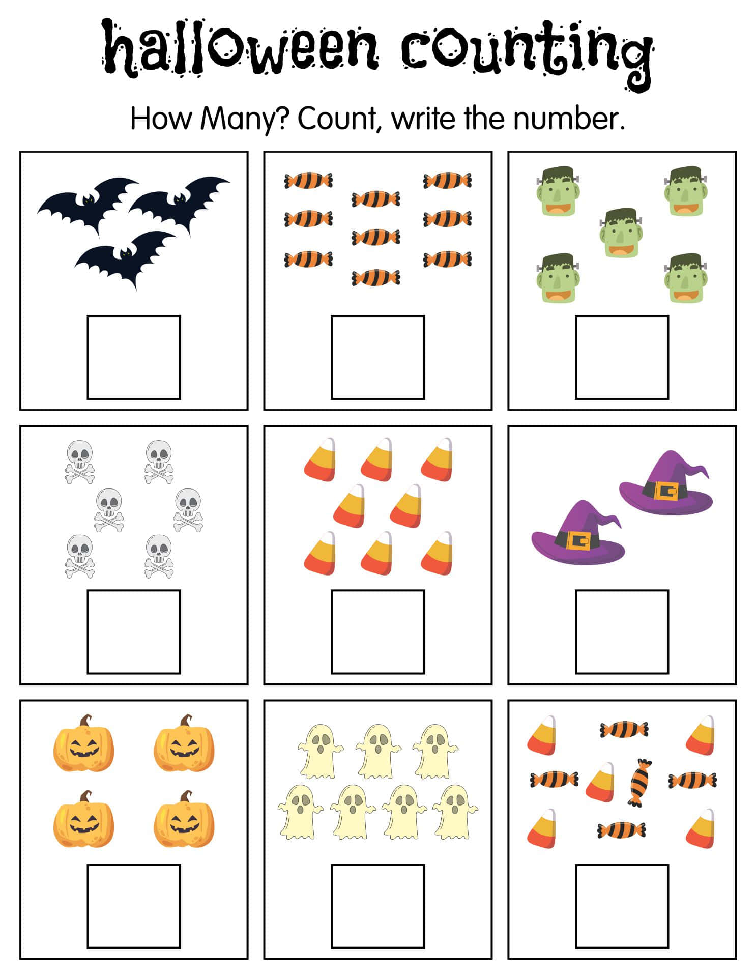 Halloween Puzzles 桌布 壁紙 — 一個萬聖節計數工作表，網格框內有卡通蝙蝠、糖果玉米、科學怪人、骷髏頭、南瓜、鬼魂和女巫帽。