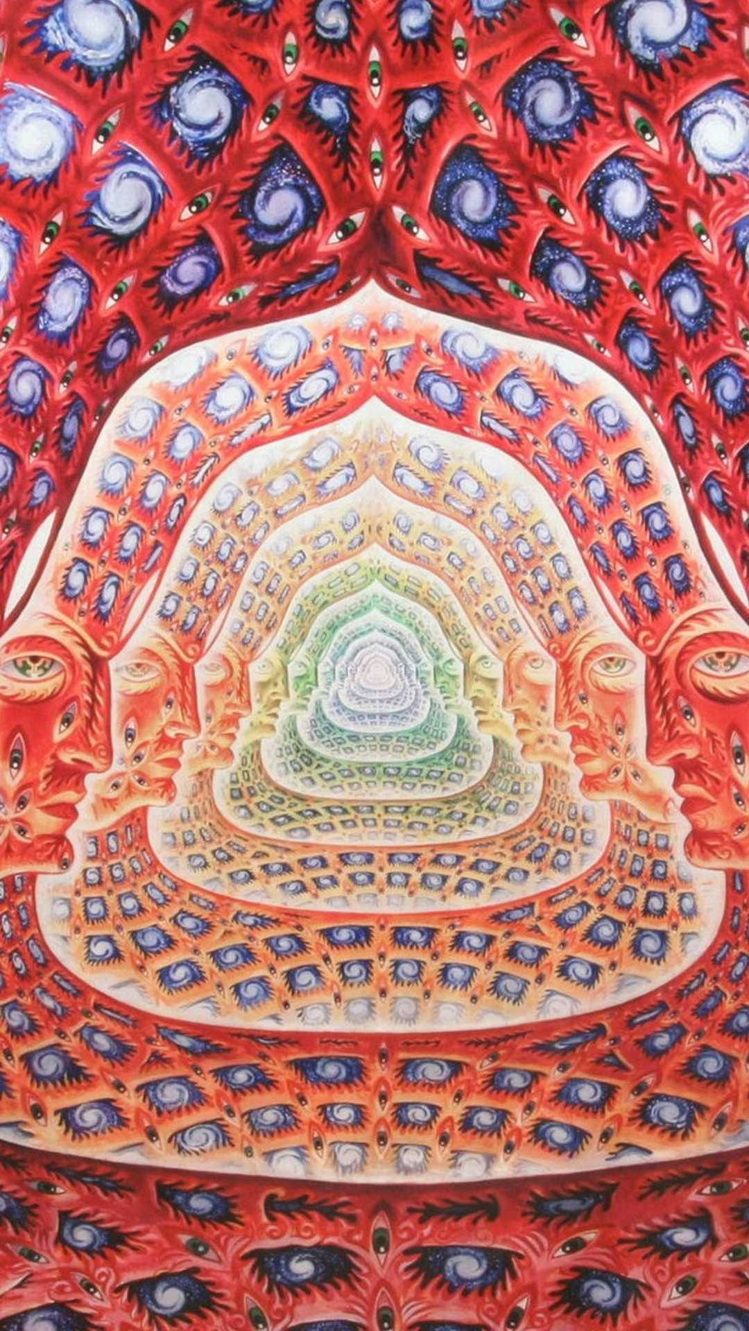 迷幻 桌布 壁紙 — 一個萬花筒般的曼陀羅，由紅色、橙色和藍色的眼睛組成同心層，向內盤旋至綠色中心。