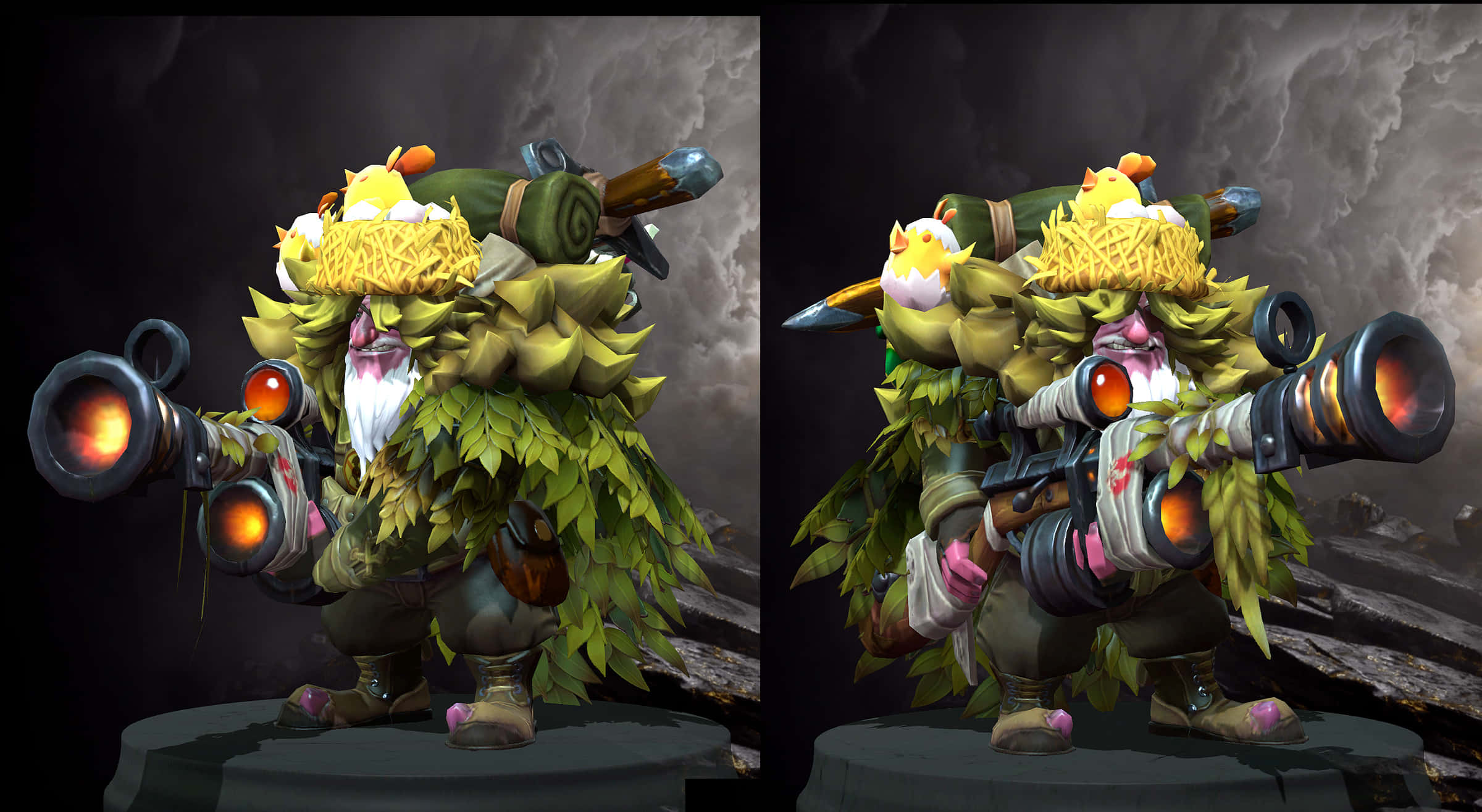 Dota 2 Sniper 桌布 壁紙 — 一個葉綠色裝甲角色，手持發光加農炮，站在黑暗洞穴中，以兩種姿勢展示。