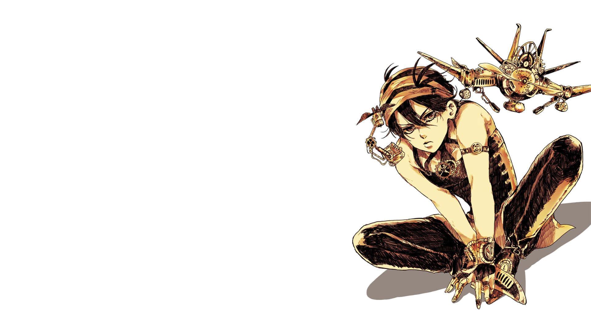 Narancia Ghirga 桌布 壁紙 — 一個蒸氣龐克動漫角色蹲伏著，擁有機械翅膀和齒輪裝飾的四肢，背景是純白色。