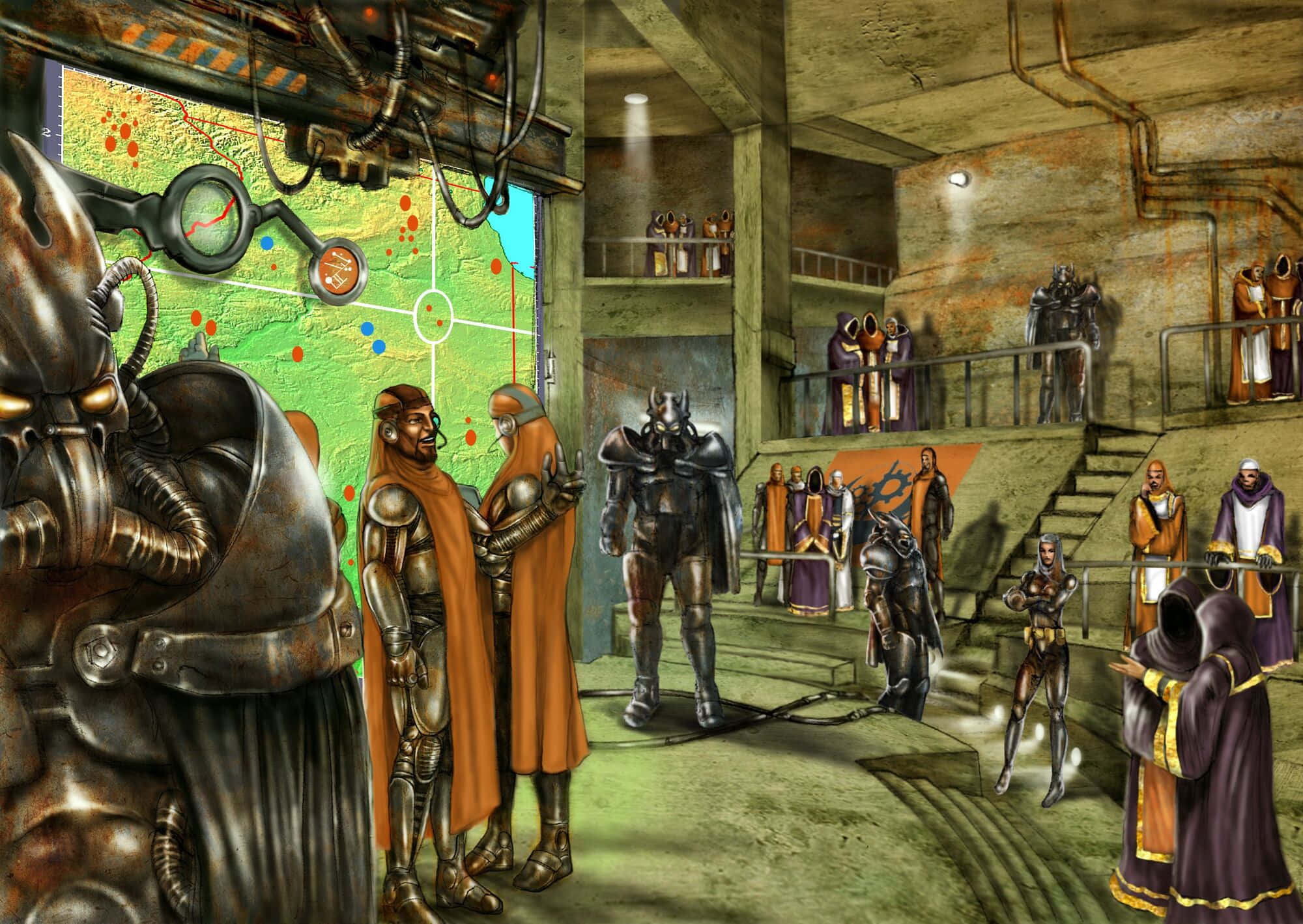 Fallout Brotherhood Of Steel 桌布 壁紙 — 一個蒸氣龐克指揮中心，裝甲人物和身穿長袍的神職人員聚集在一個昏暗的工業大廳中，圍繞著一張發光的戰術地圖。