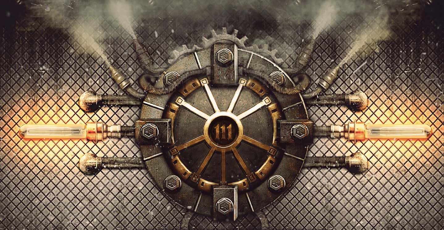 Fallout 4 Vault 桌布 壁紙 — 一個蒸汽龐克齒輪，帶有發光管和蒸汽通風口，以鐵絲網圍欄為背景。