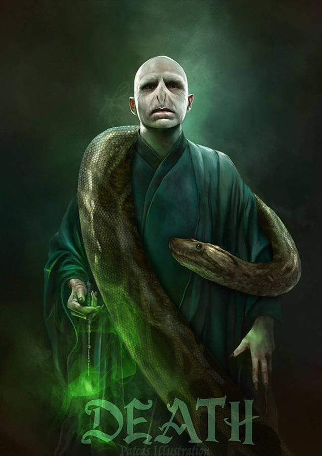 voldemort 桌布 壁紙 — 一個蒼白的光頭人物穿著深綠色長袍，手持發光的綠色魔杖，一條大蛇纏繞著他的身體，背景是煙霧繚繞的綠色。
