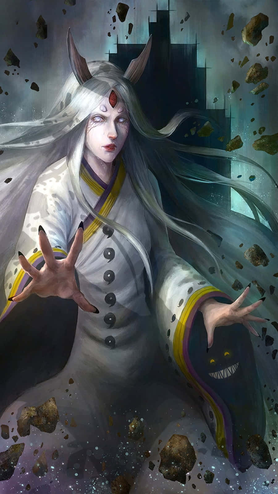 Kaguya Otsutsuki 桌布 壁紙 — 一個蒼白的動漫人物，長著白色長髮和角，在岩石爆炸的同時引導宇宙能量。