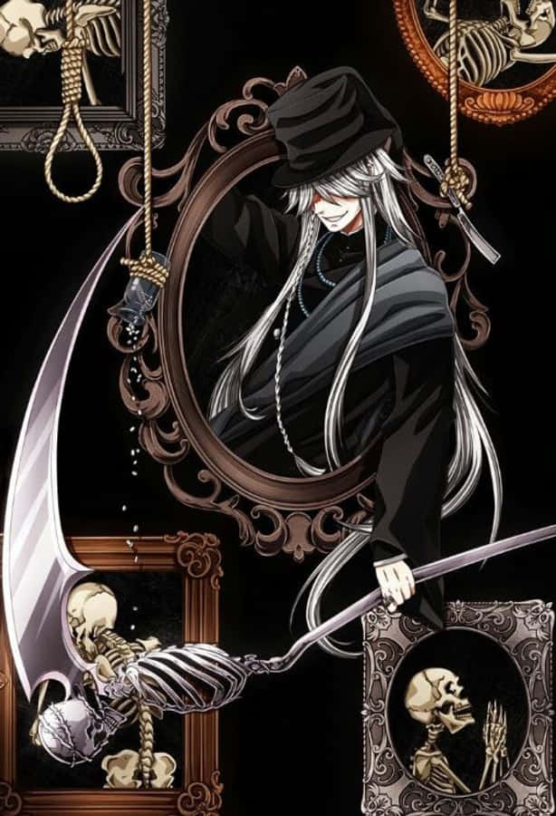 Black Butler Undertaker 桌布 壁紙 — 一個蒼白的動漫人物，長著銀色長髮，戴著黑色帽子，手持鐮刀，周圍是華麗的鏡子和懸掛的骷髏，背景為深色。
