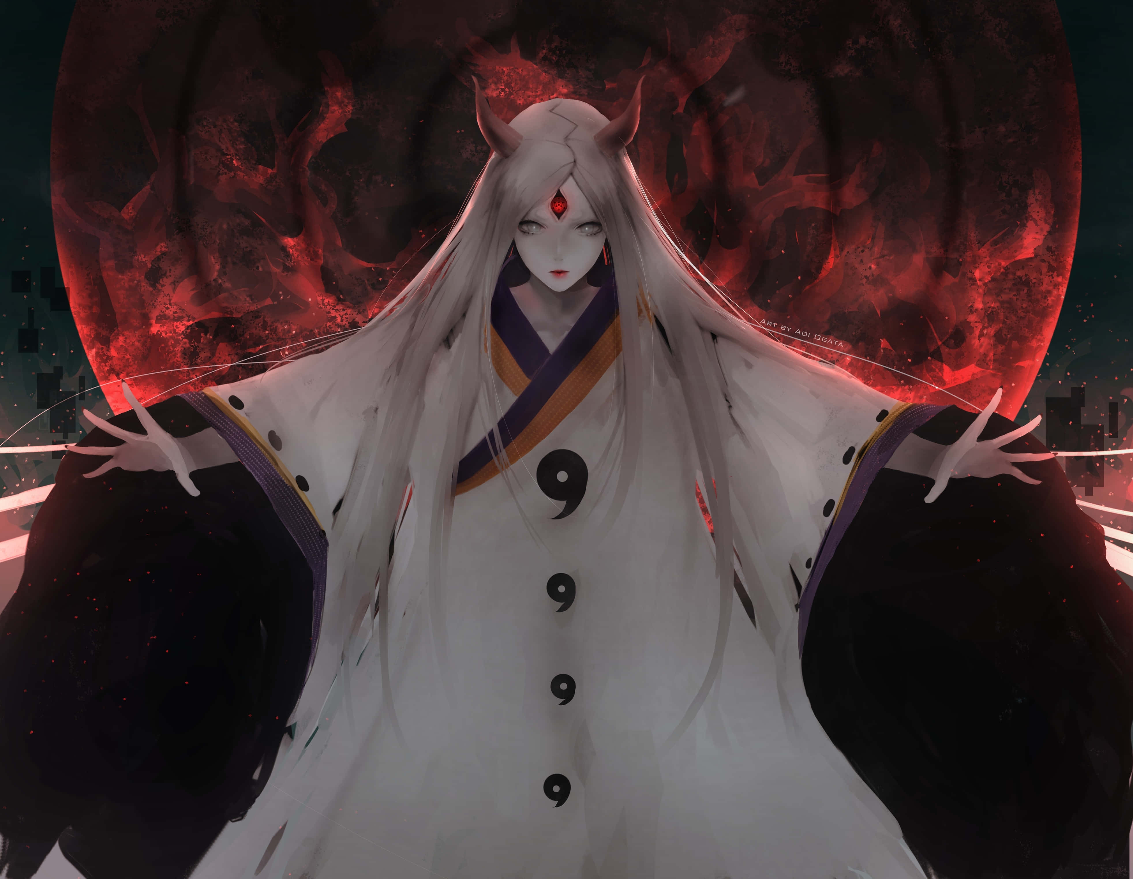 Kaguya Otsutsuki 桌布 壁紙 — 一個蒼白的動漫人物，長長的白髮和紅色的眼睛，站在巨大的紅月亮前，穿著帶有黑色九尾封印的白色長袍。