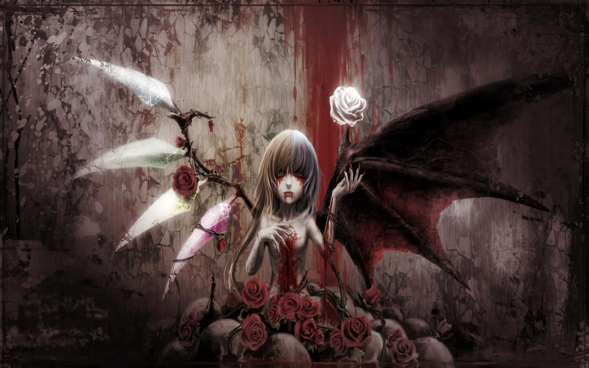 Horror Anime 桌布 壁紙 — 一個蒼白的動漫女孩，擁有蝙蝠翅膀和血跡斑斑的臉，在紅玫瑰和骷髏之間拿著一朵白玫瑰，背景是裂開的牆壁。