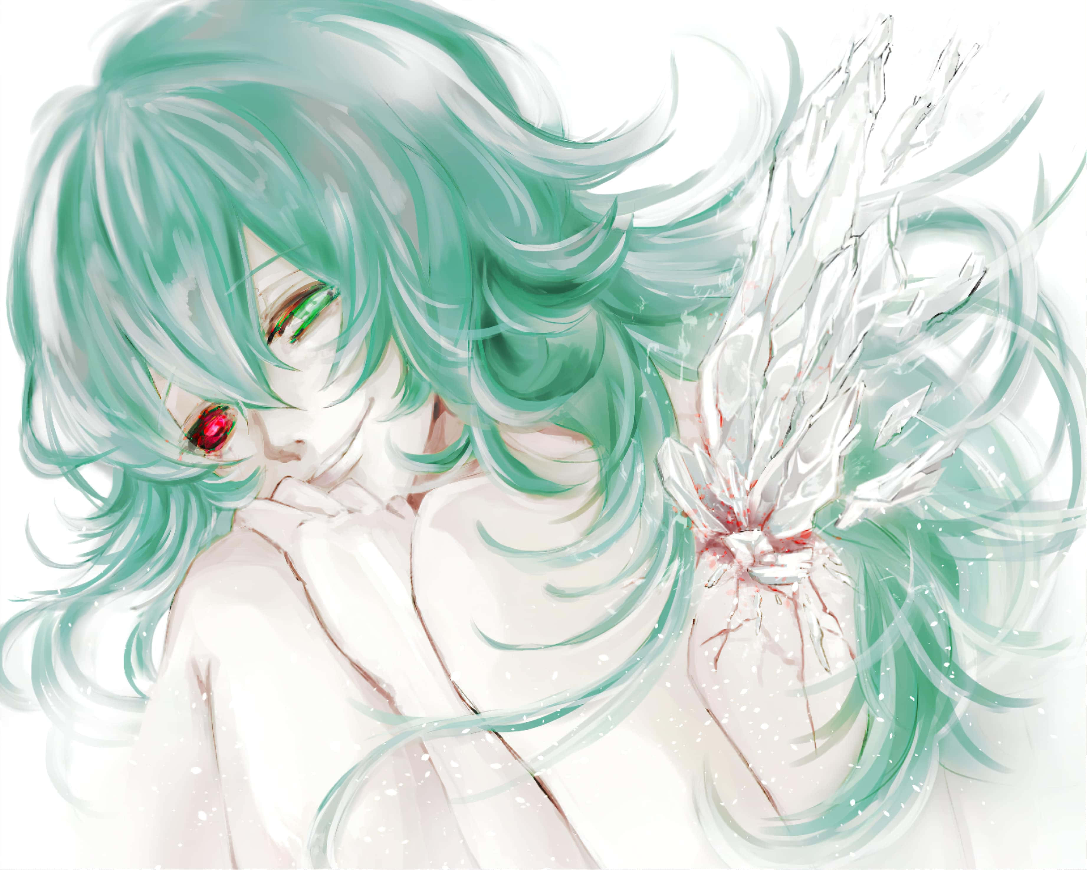Eto Yoshimura 桌布 壁紙 — 一個蒼白的動漫女孩，擁有飄逸的薄荷綠髮和紅色眼睛，在明亮的白色背景前握著破碎的水晶翅膀。