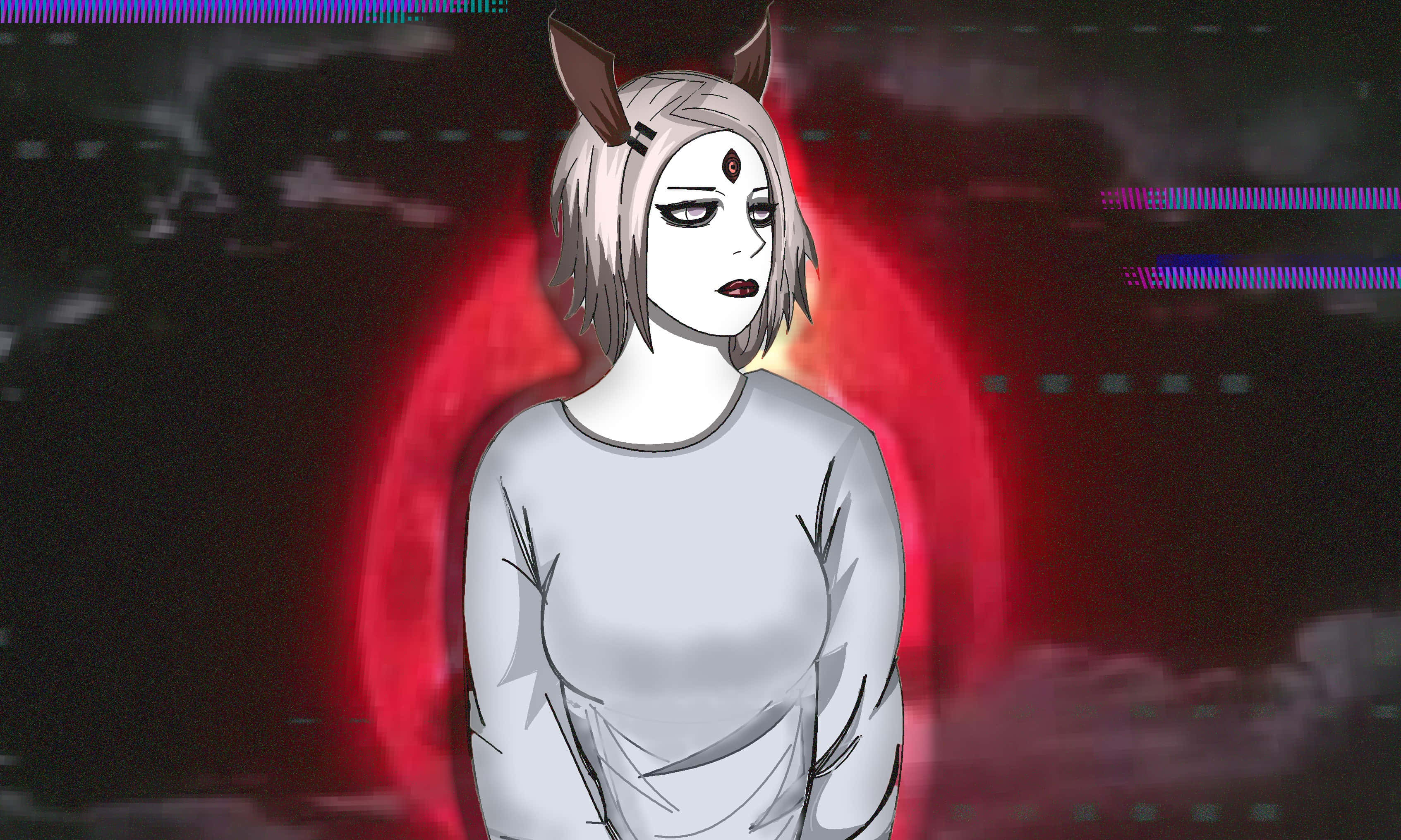 Kaguya Otsutsuki 桌布 壁紙 — 一個蒼白的動漫女孩，有狐狸耳朵和一隻紅眼睛，站在發光的紅月亮前，背景是故障的數位天空。