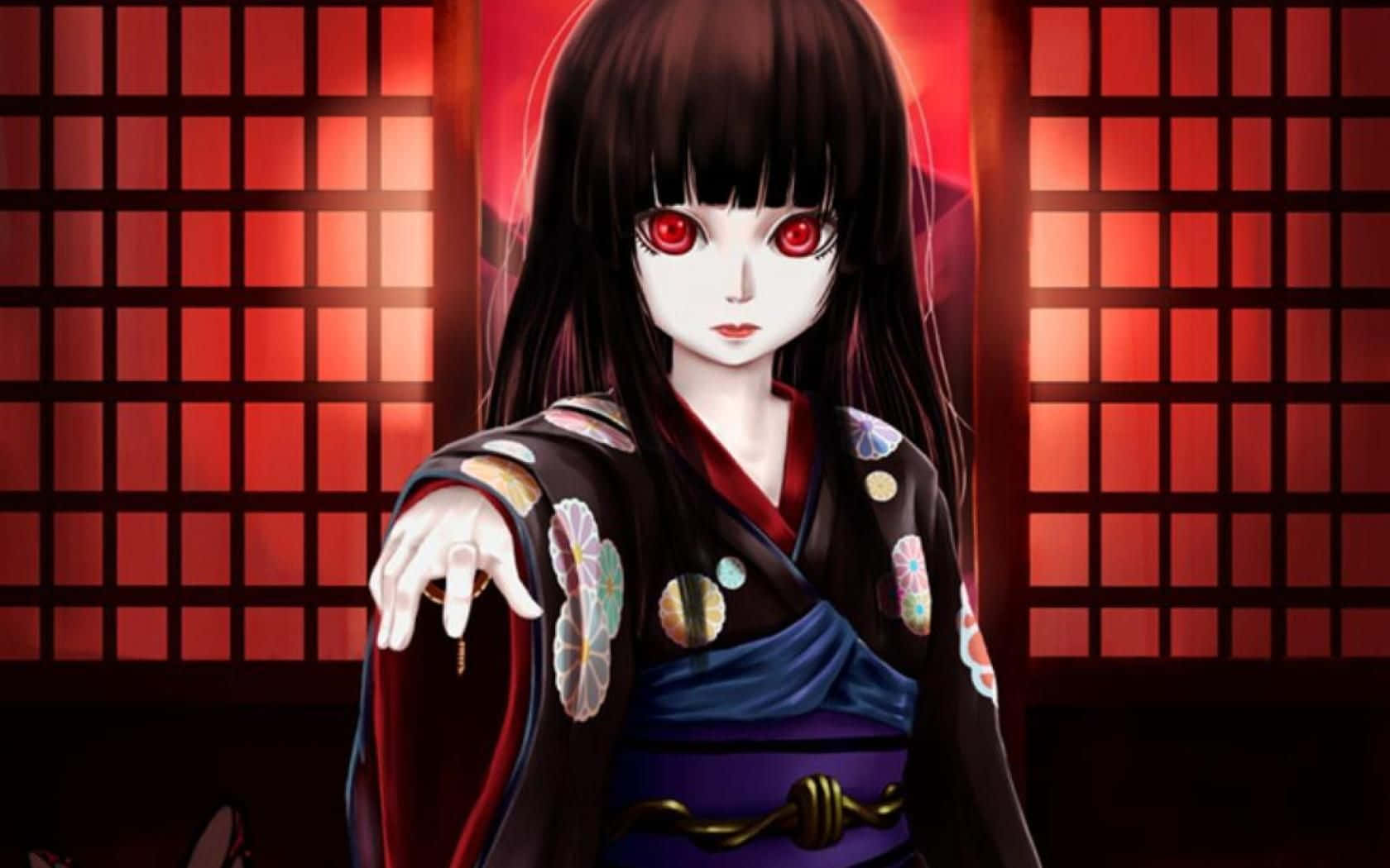 Horror Anime 桌布 壁紙 — 一個蒼白的動漫女孩，有著發光的紅眼睛和長長的黑髮，穿著傳統的日本和服，站在發光的紅色障子屏風前。