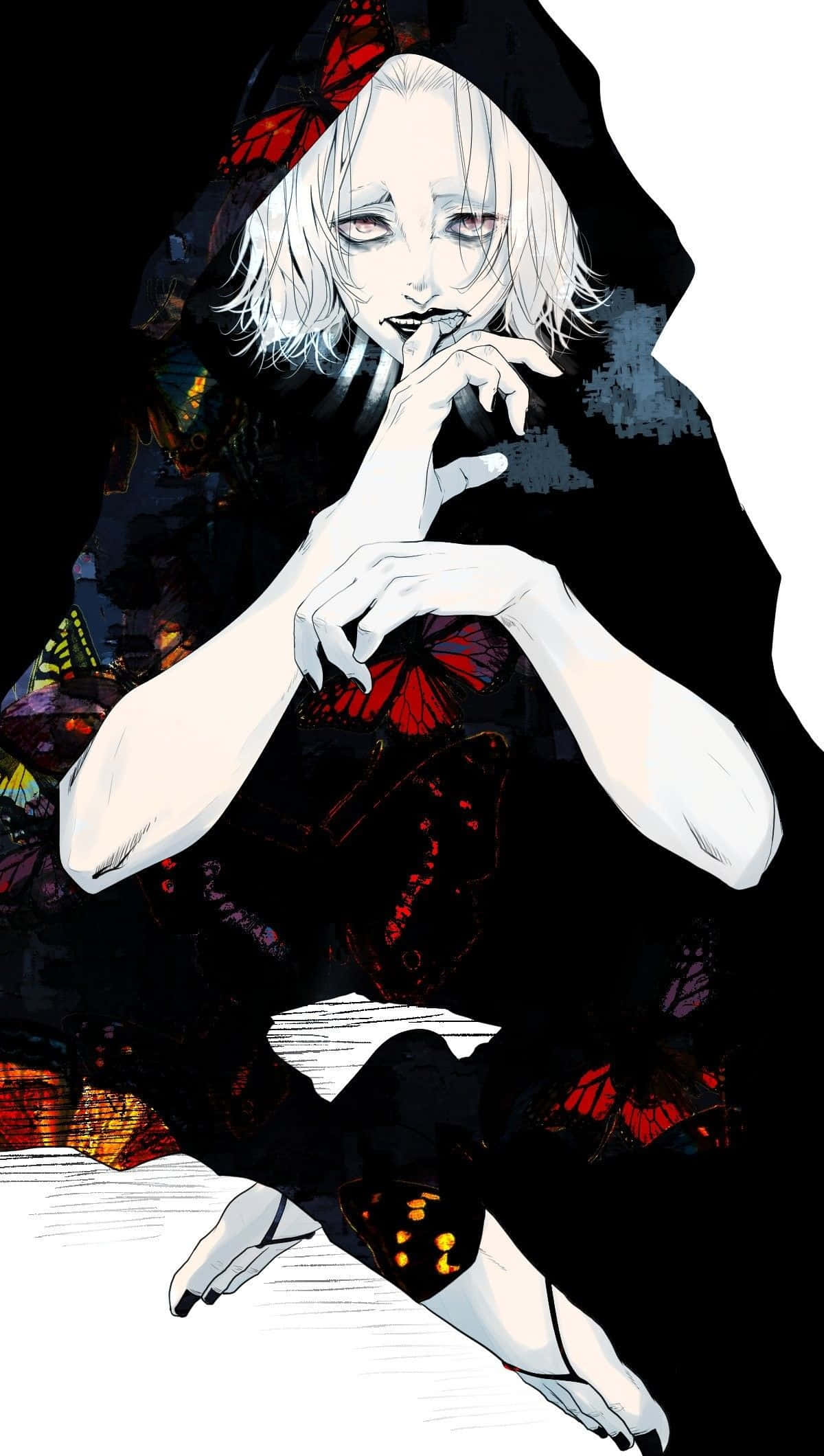Seidou Takizawa 桌布 壁紙 — 一個蒼白的動漫女孩，白髮紅蝶，身穿深色連帽斗篷，手指靠近嘴唇，姿勢詭異。