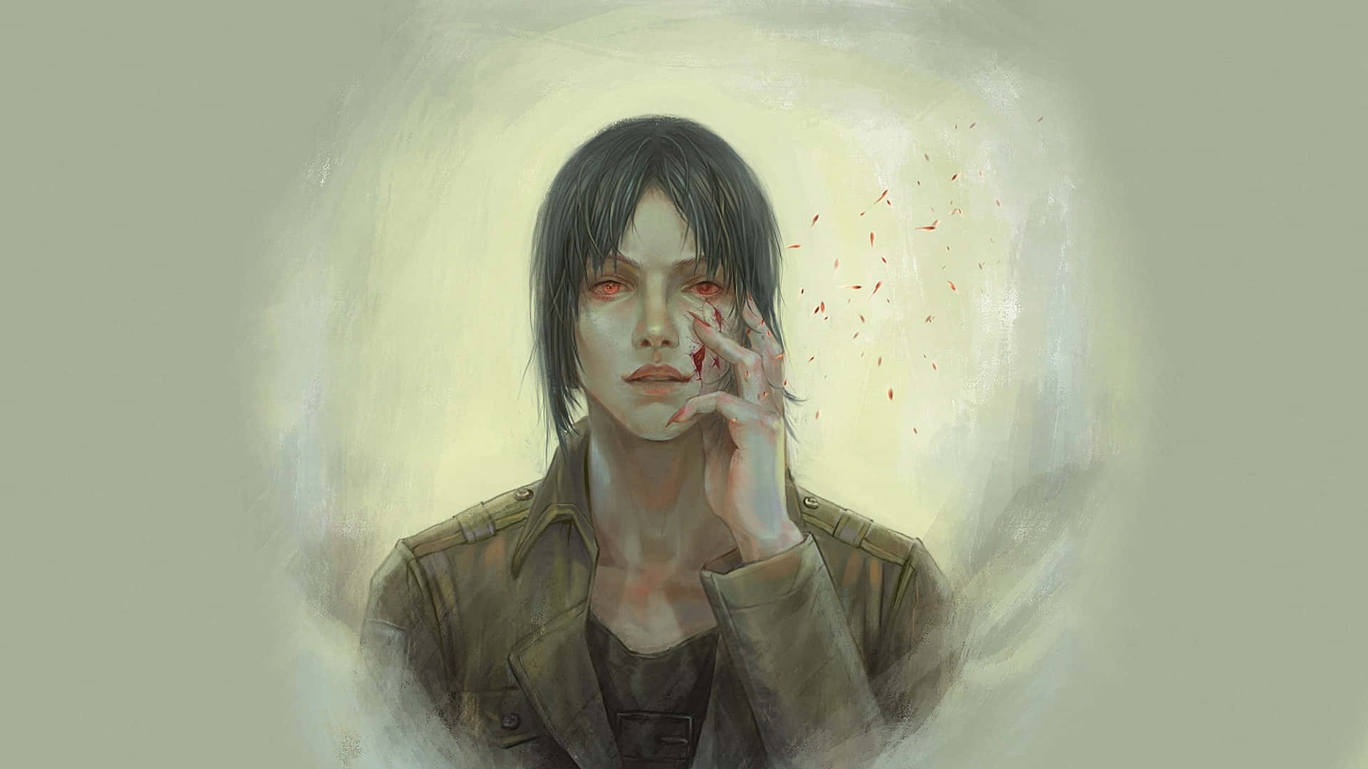 Attack On Titan Season 2 桌布 壁紙 — 一個蒼白的動漫女孩，紅眼睛，臉上和手上沾滿鮮血，穿著軍裝外套，背景柔和發光。