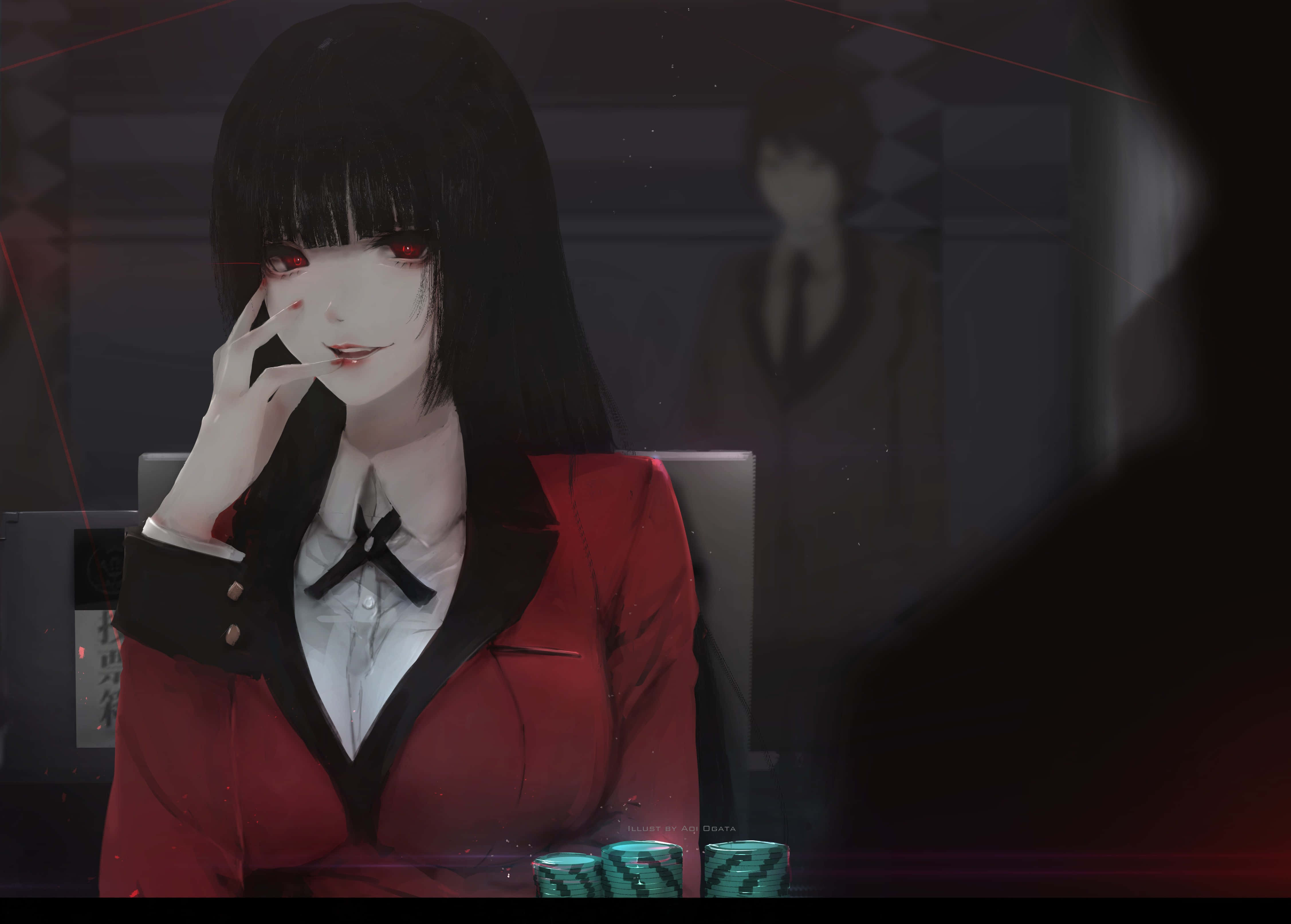 Kakegurui 桌布 壁紙 — 一個蒼白的動漫女孩，紅眼睛黑頭髮，穿著紅色西裝外套，坐在一張有籌碼的桌子旁，身後有一個模糊的身影在昏暗的房間裡若隱若現。