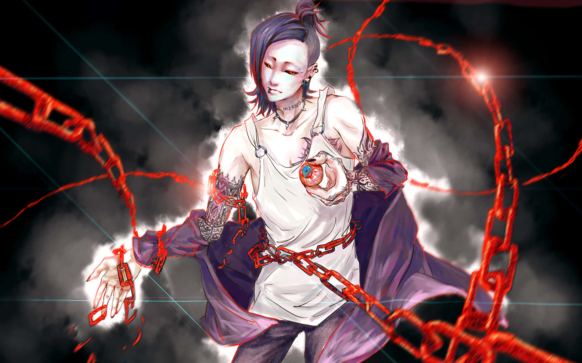 Tokyo Ghoul Uta 桌布 壁紙 — 一個蒼白的動漫女孩，紫色頭髮，手持發光球體，紅色鎖鏈在她周圍旋轉，背景是黑暗煙霧繚繞。