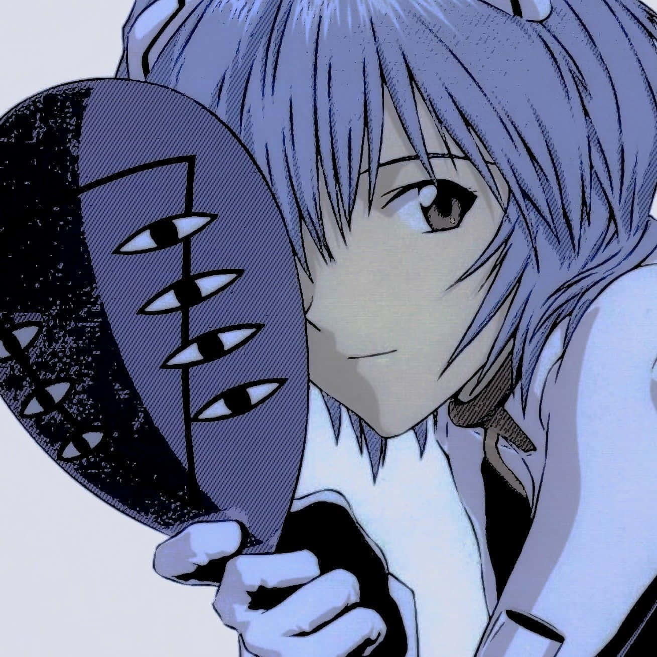 rei ayanami 桌布 壁紙 — 一個蒼白的動漫女孩，銀色頭髮，在純色背景上拿著一個有多隻眼睛的黑色面具。