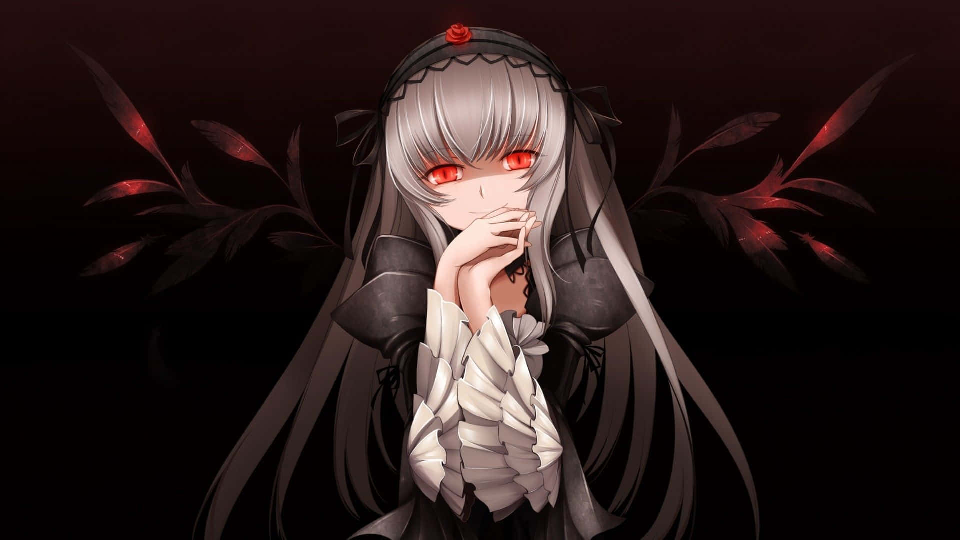 Horror Anime 桌布 壁紙 — 一個蒼白的動漫女孩，銀色頭髮和發光的紅色眼睛，在帶有紅色葉子的黑暗背景下用手遮住嘴巴。