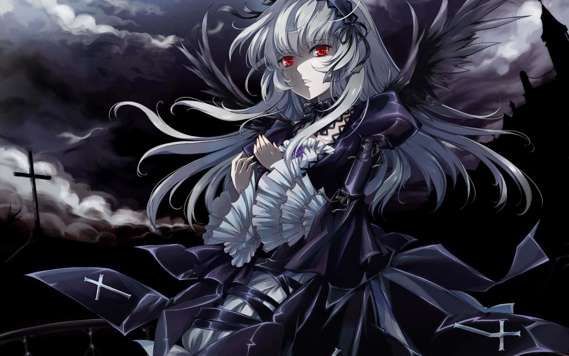 Edgy 桌布 壁紙 — 一個蒼白的動漫女孩，銀色頭髮和紅色眼睛，穿著深色哥德式連衣裙，背景是暴風雨的墓地。