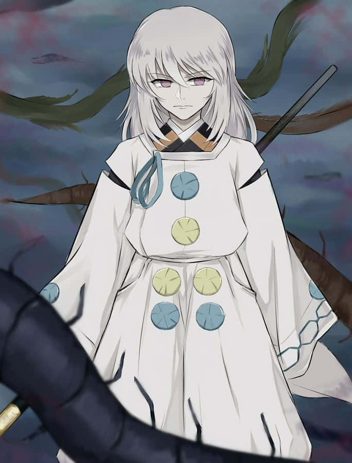Hakudoshi 桌布 壁紙 — 一個蒼白的動漫女孩，銀色頭髮和紫色眼睛，穿著帶有藍色和黃色鈕扣的白色長袍，背景是暴風雨的天空和黑暗的藤蔓。