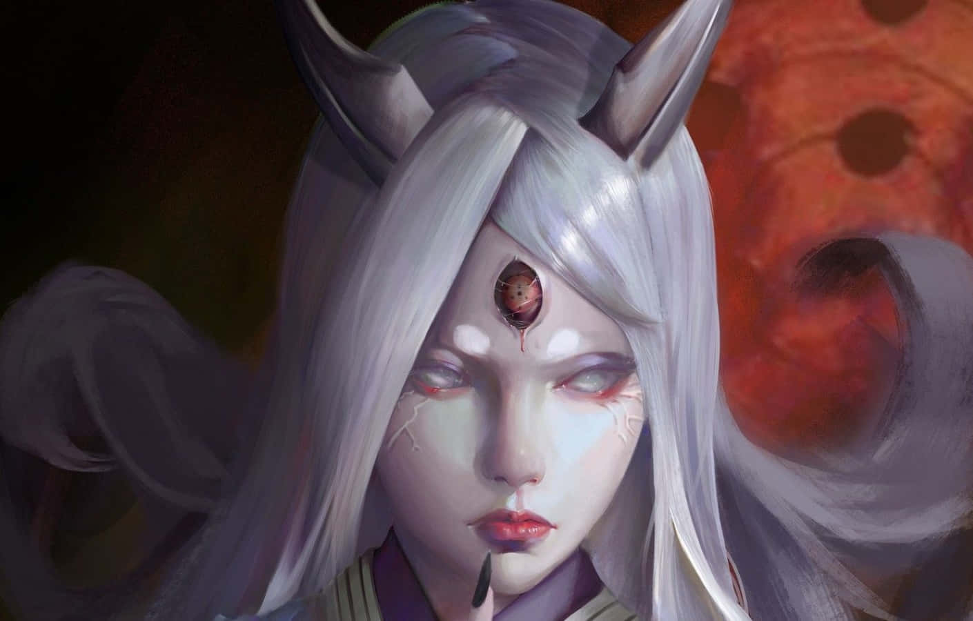 Kaguya Otsutsuki 桌布 壁紙 — 一個蒼白的動漫女孩，銀色頭髮和角，額頭上有紅色眼睛標記，在火熱的橙色背景前凝視前方。