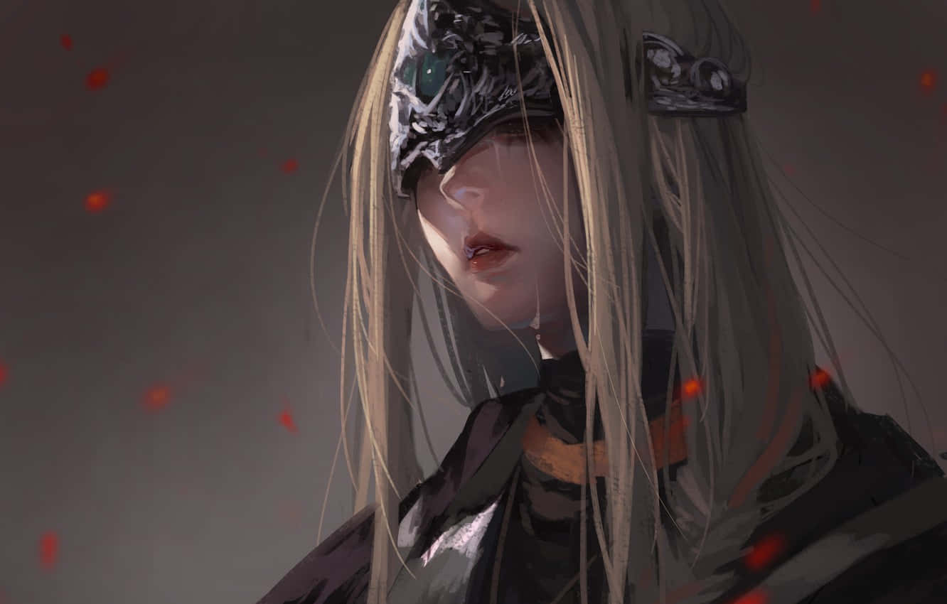 Fire Keeper 桌布 壁紙 — 一個蒼白的動漫女孩，長長的金髮和一個深色華麗的面具，低頭看著，紅色粒子在她周圍飄動，營造出憂鬱的氛圍。