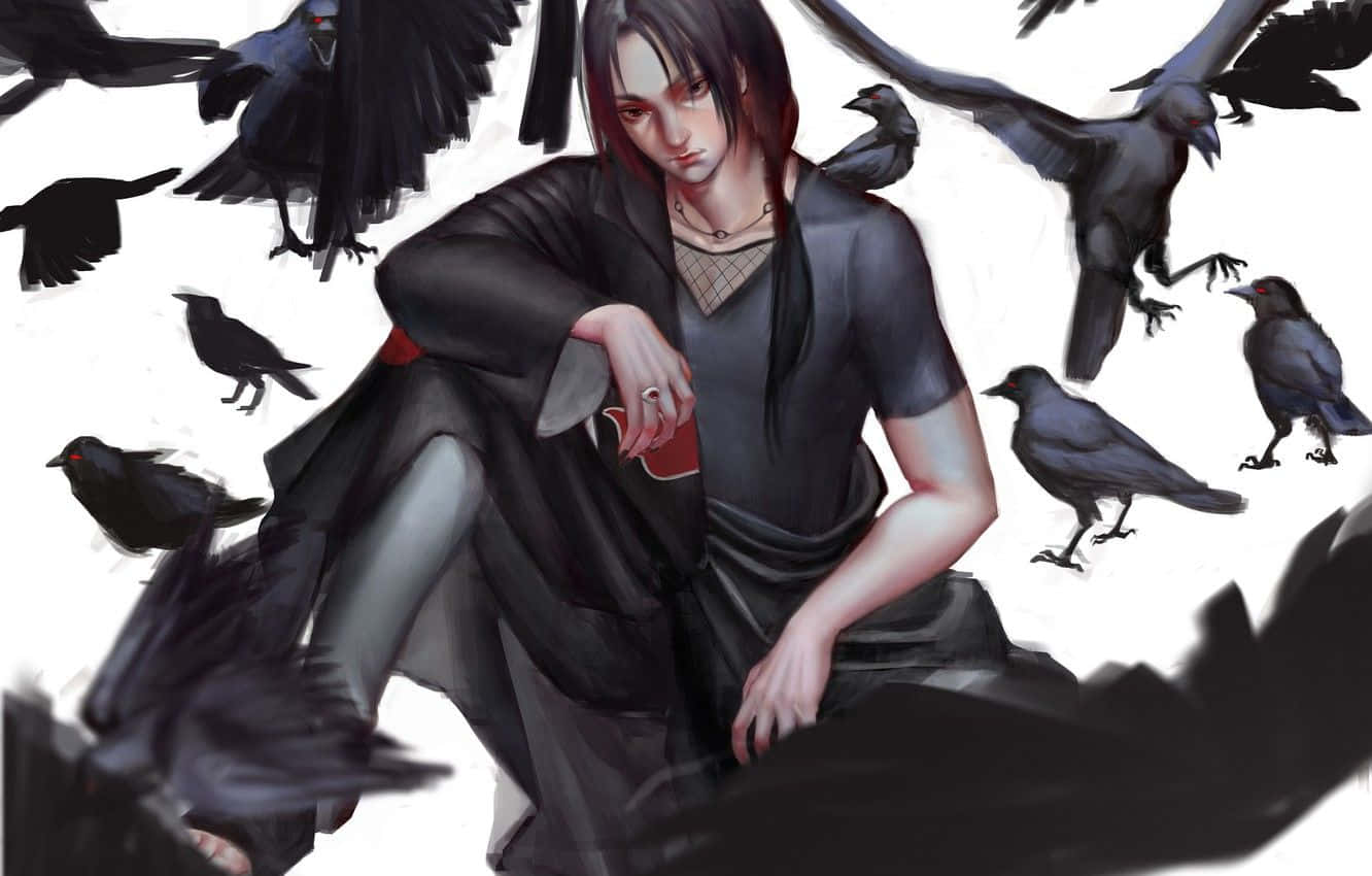Genjutsu 桌布 壁紙 — 一個蒼白的動漫女孩穿著深色長袍，坐在純白背景上，周圍有飛翔和棲息的烏鴉。