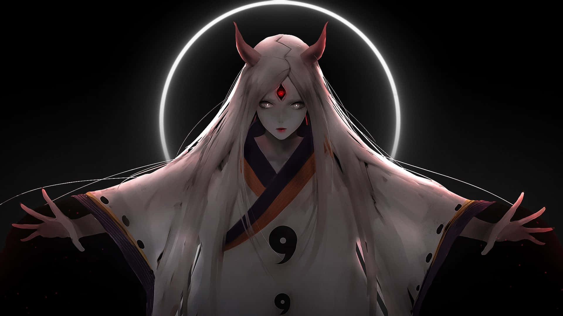 Kaguya Otsutsuki 桌布 壁紙 — 一個蒼白的動漫惡魔，長長的白髮和紅色的角，在黑暗中站在一個發光的白色圓環前。