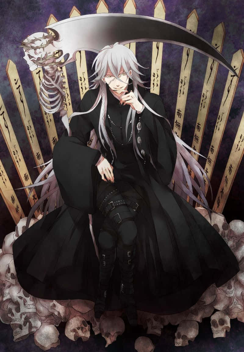 Black Butler Undertaker 桌布 壁紙 — 一個蒼白的動漫死神，銀色頭髮，威嚴地坐在由頭骨組成的王座上，手持鐮刀，背景為深紫色。