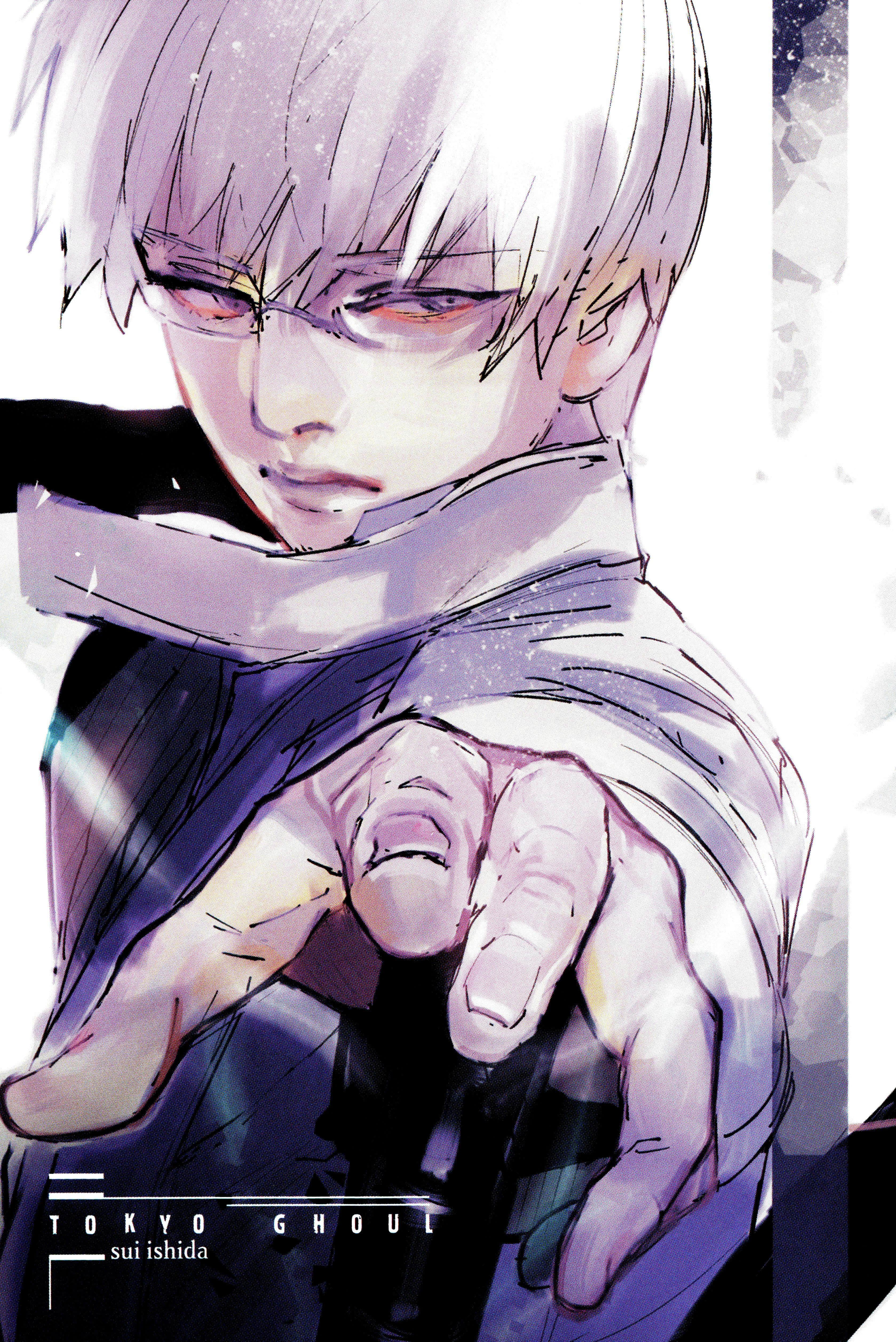 Kishou Arima 桌布 壁紙 — 一個蒼白的動漫角色，白髮紅眼，在明亮的背景前嚴肅地指向前方。