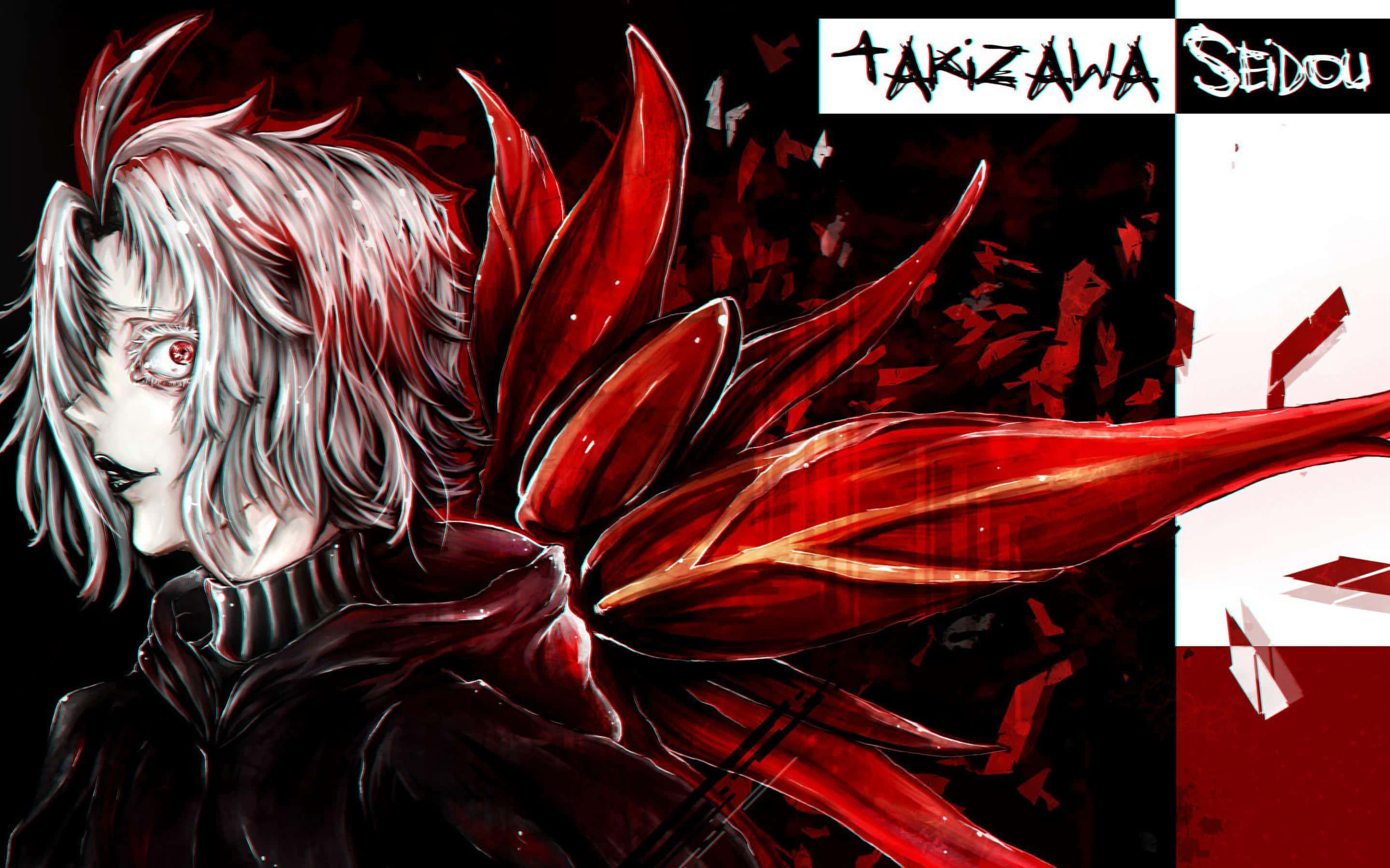 Seidou Takizawa 桌布 壁紙 — 一個蒼白的動漫角色，白髮紅眼，身穿深色外套，背後有深紅色的翼狀結構在碎裂的紅黑背景前爆發。
