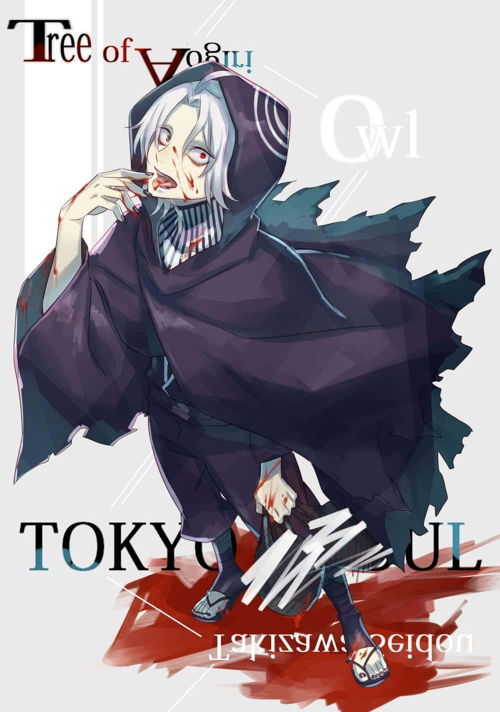 Seidou Takizawa 桌布 壁紙 — 一個蒼白的動漫角色，白髮紅眼，身穿深紫色斗篷，站在血跡和風格化文字之中。