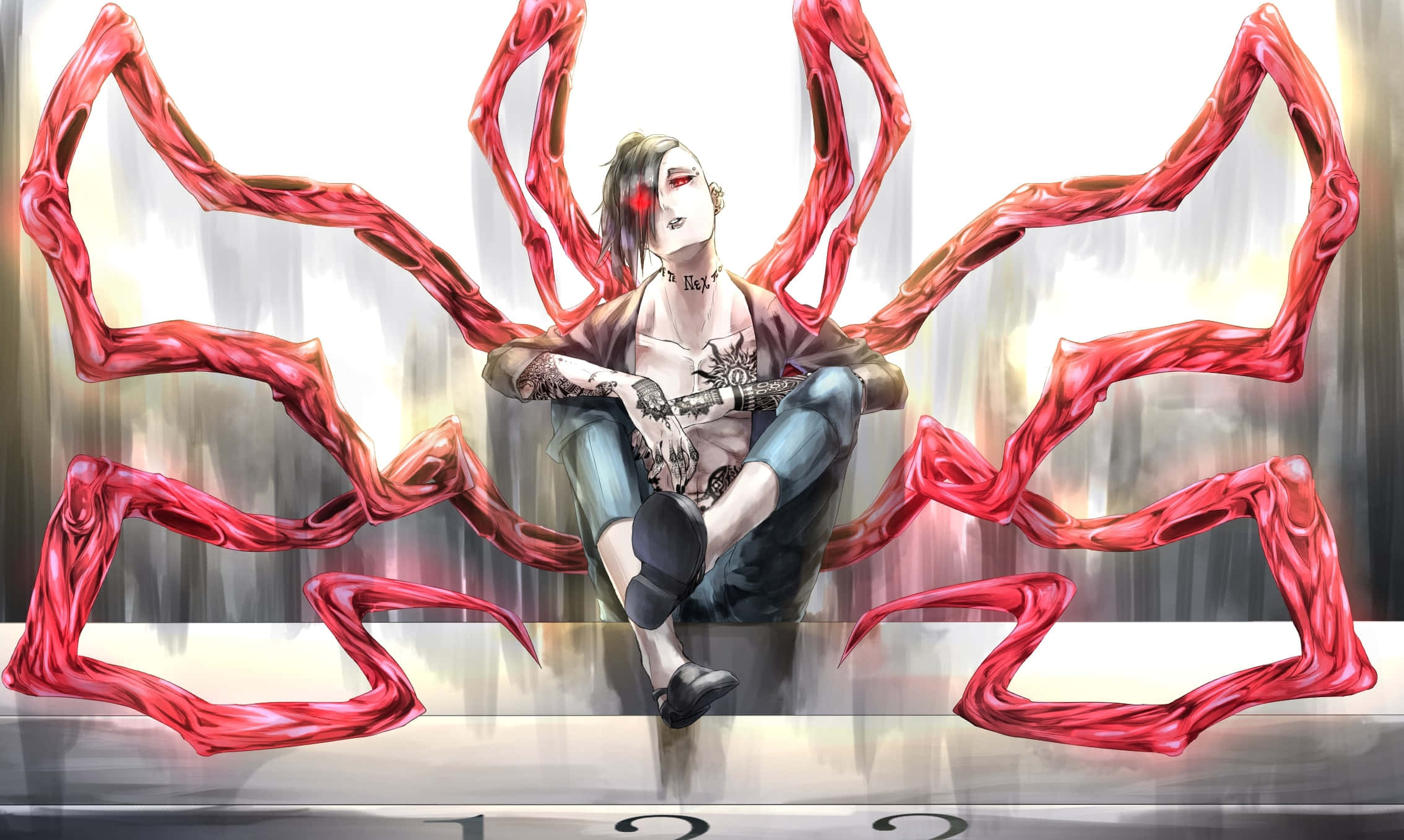 Tokyo Ghoul Uta 桌布 壁紙 — 一個蒼白的動漫角色，紅眼睛，盤腿而坐，周圍環繞著發光的紅色觸手狀能量結構。