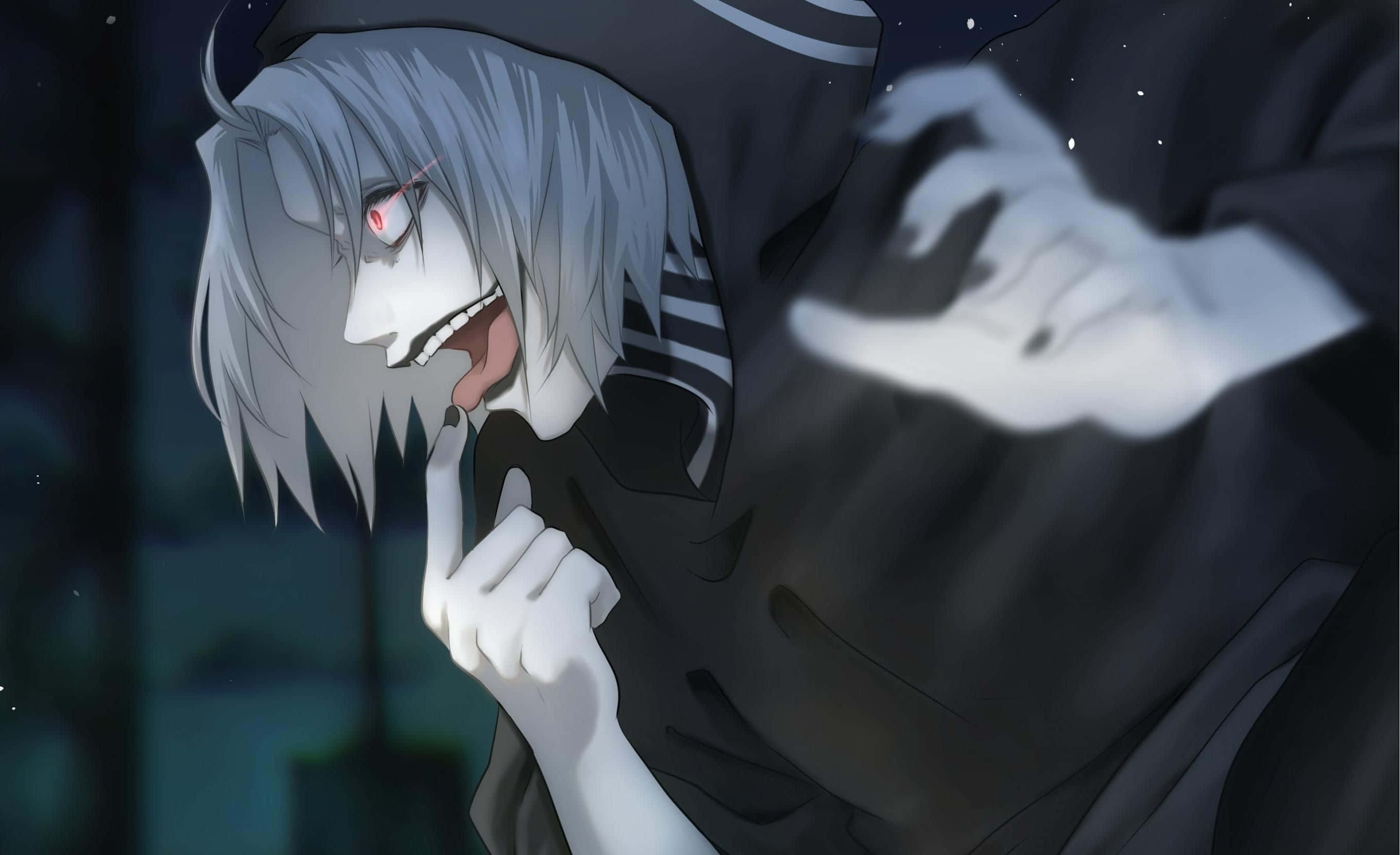 Seidou Takizawa 桌布 壁紙 — 一個蒼白的動漫角色，銀色頭髮和紅色眼睛，在星空下頑皮地微笑，同時將手指放在嘴唇上。