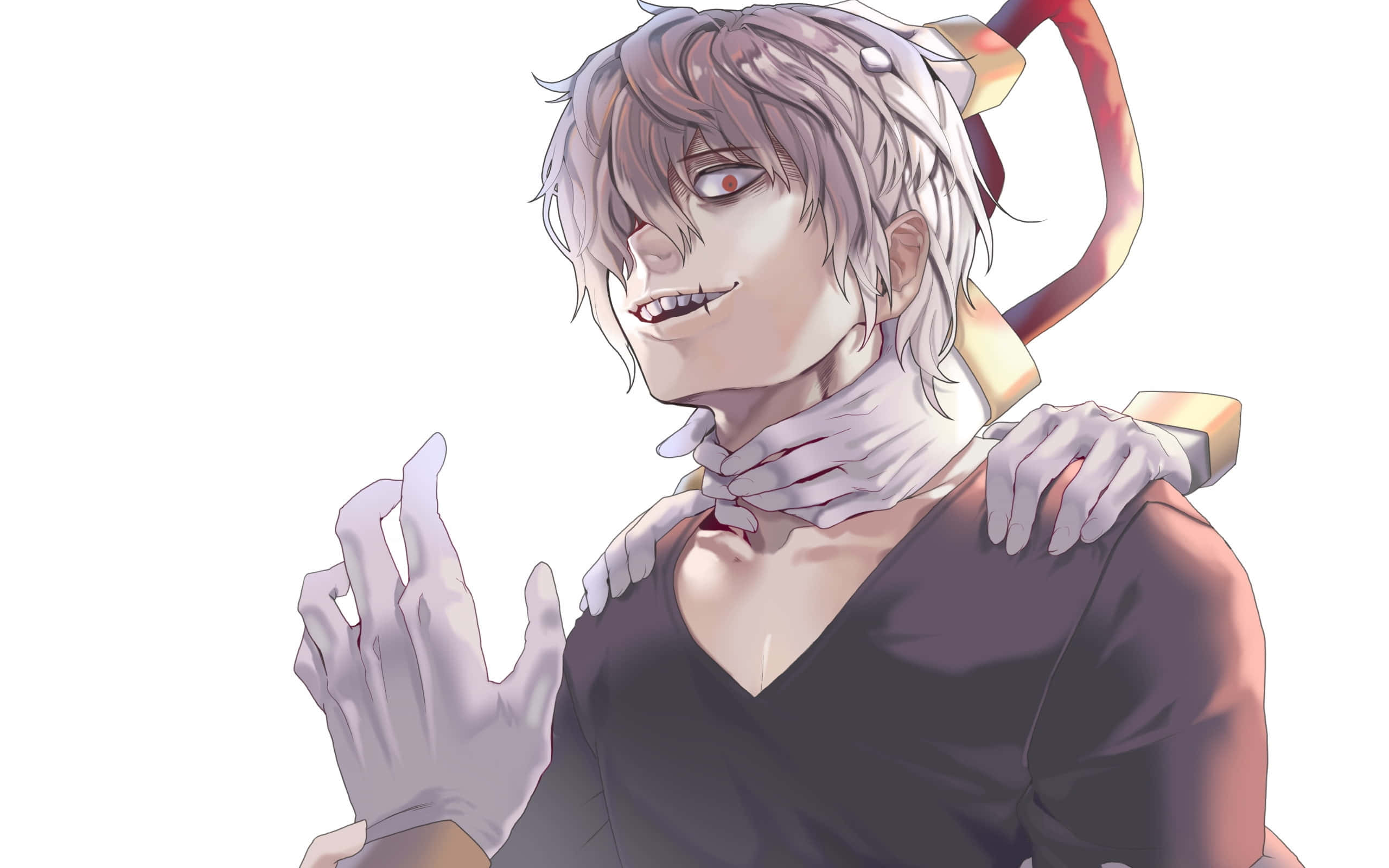 Tomura Shigaraki 桌布 壁紙 — 一個蒼白的動漫角色，銀髮紅眼，穿著深色上衣和白色手套，詭異地微笑。