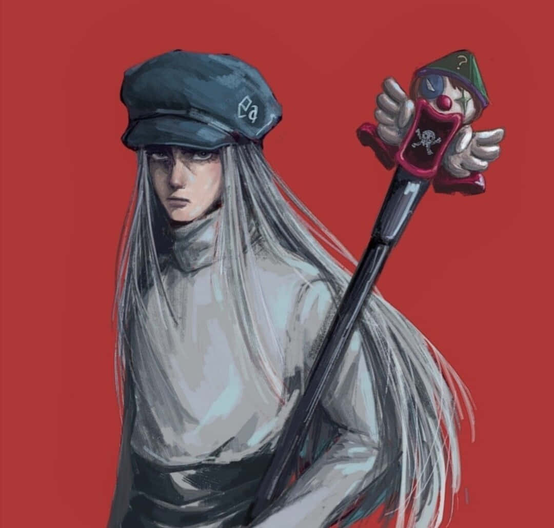 Hunter X Hunter Kite 桌布 壁紙 — 一個蒼白的動漫角色，長長銀髮戴著帽子，手持頂端有小丑頭的杖，背景是鮮紅色。