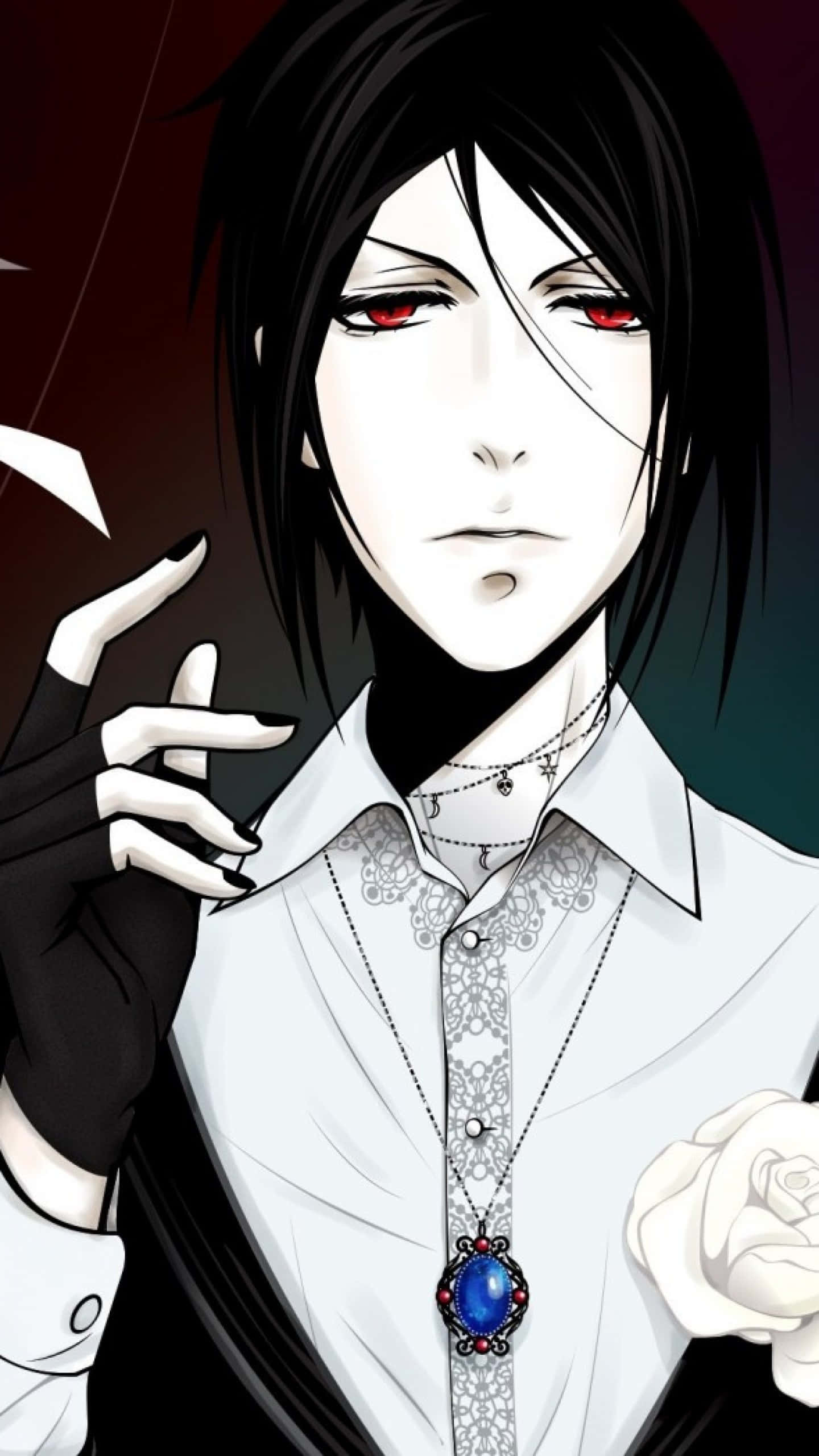 sebastian michaelis 桌布 壁紙 — 一個蒼白的動漫角色，黑髮紅眼，穿著白襯衫，在深色漸變背景前手持一朵白玫瑰。
