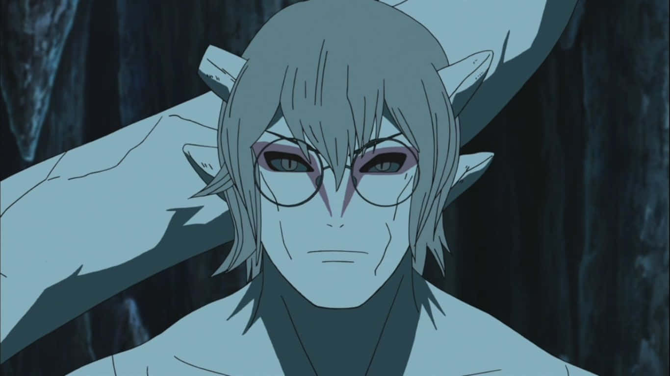 Kabuto Yakushi 桌布 壁紙 — 一個蒼白的動漫角色戴著眼鏡和尖耳朵，站在藍色調光線下的黑暗森林中。