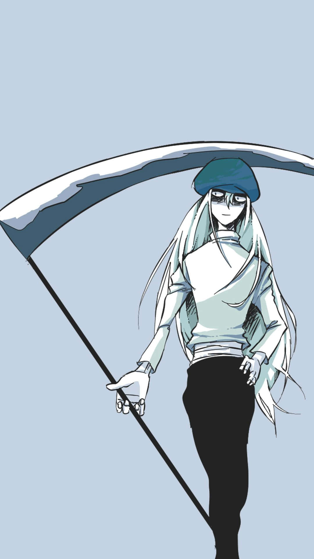 Hunter X Hunter Kite 桌布 壁紙 — 一個蒼白的動漫風格死神，長長的白髮和藍色貝雷帽，在淺藍色背景上拿著鐮刀。